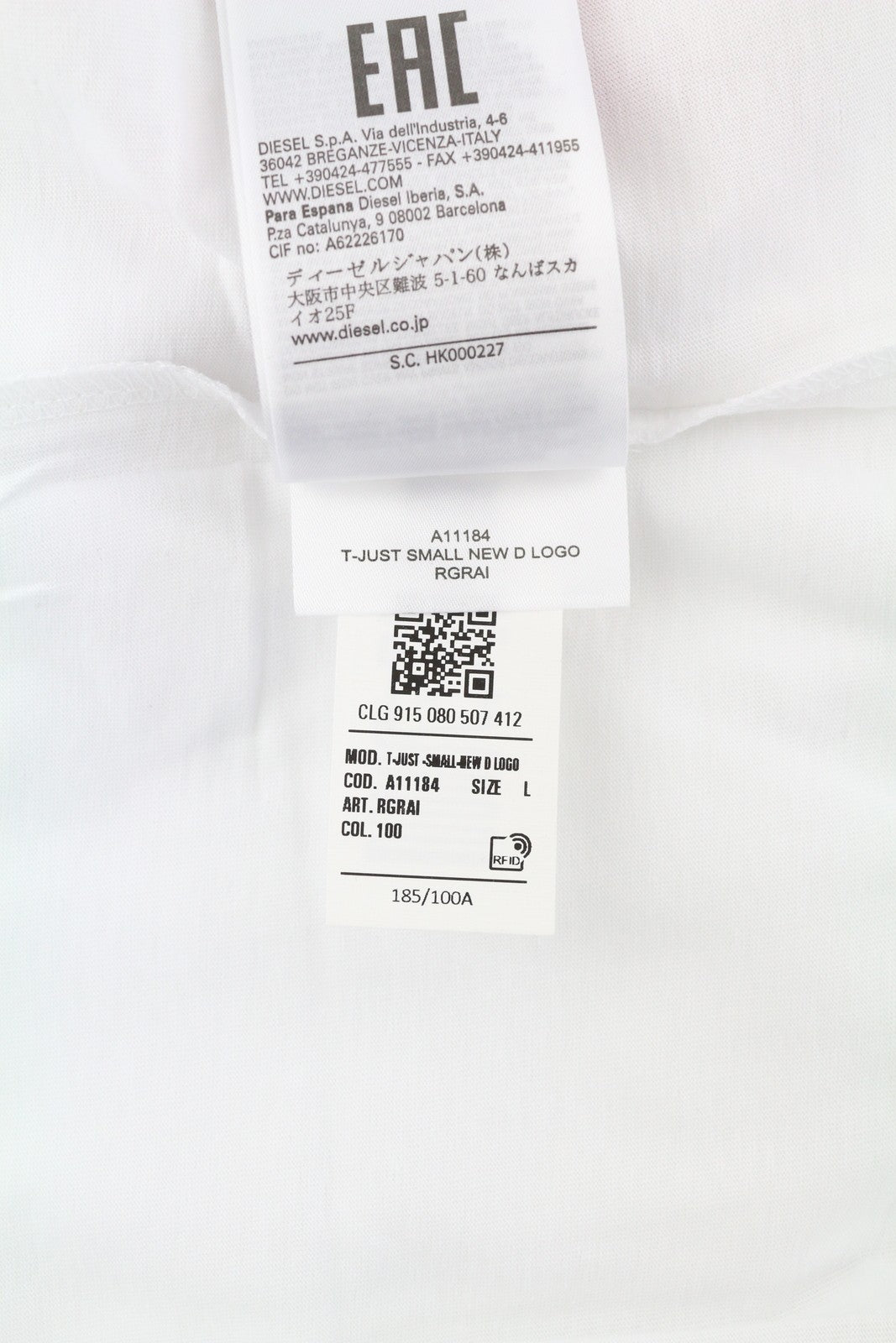 DIESEL T-Just-Small-New D Logo Men T-Shirt L White Short Sleeved Crew Cotton