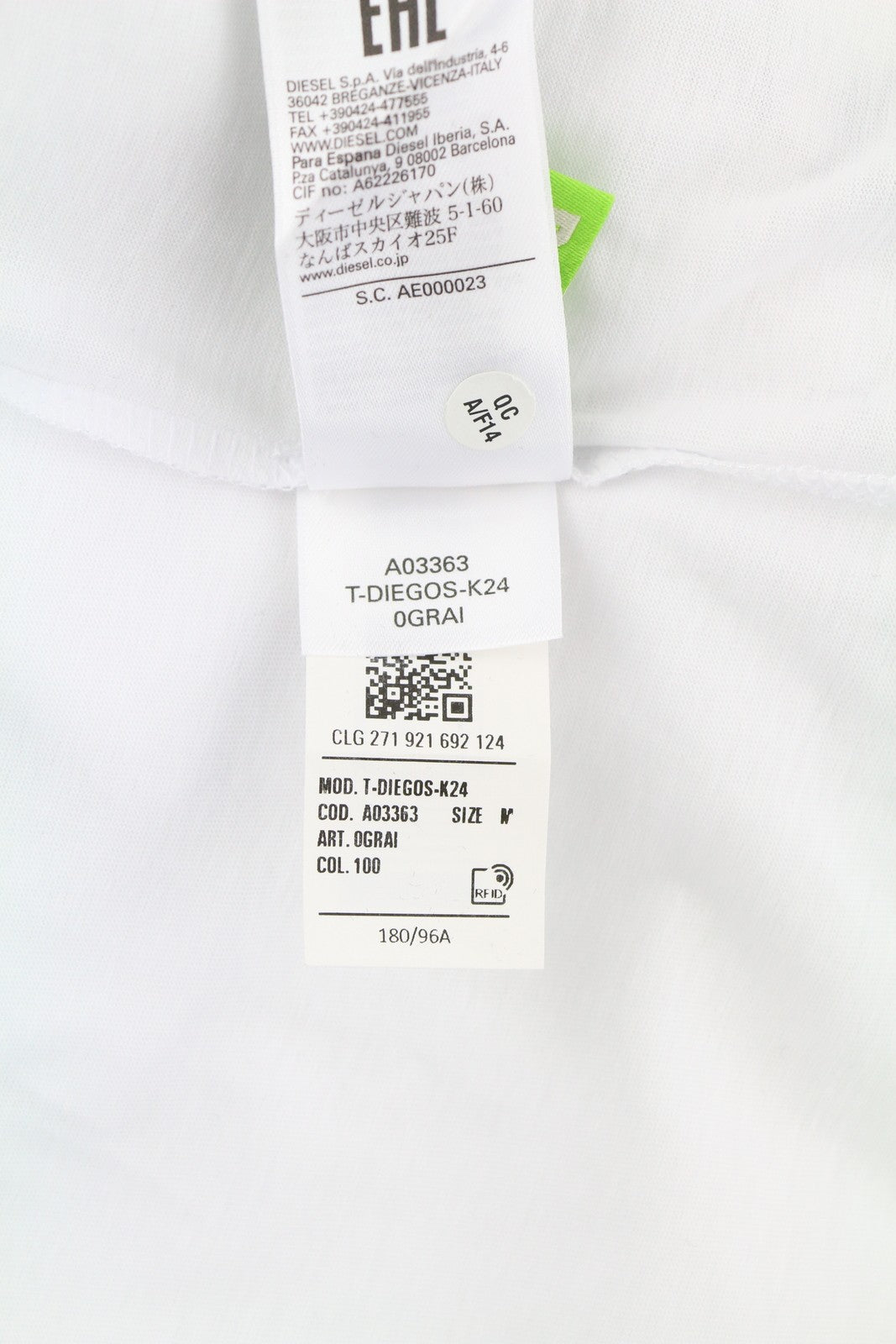 DIESEL T-Diegos-K24 Men's T-Shirt M White Short Sleeve Crew Neck Cotton Tricot