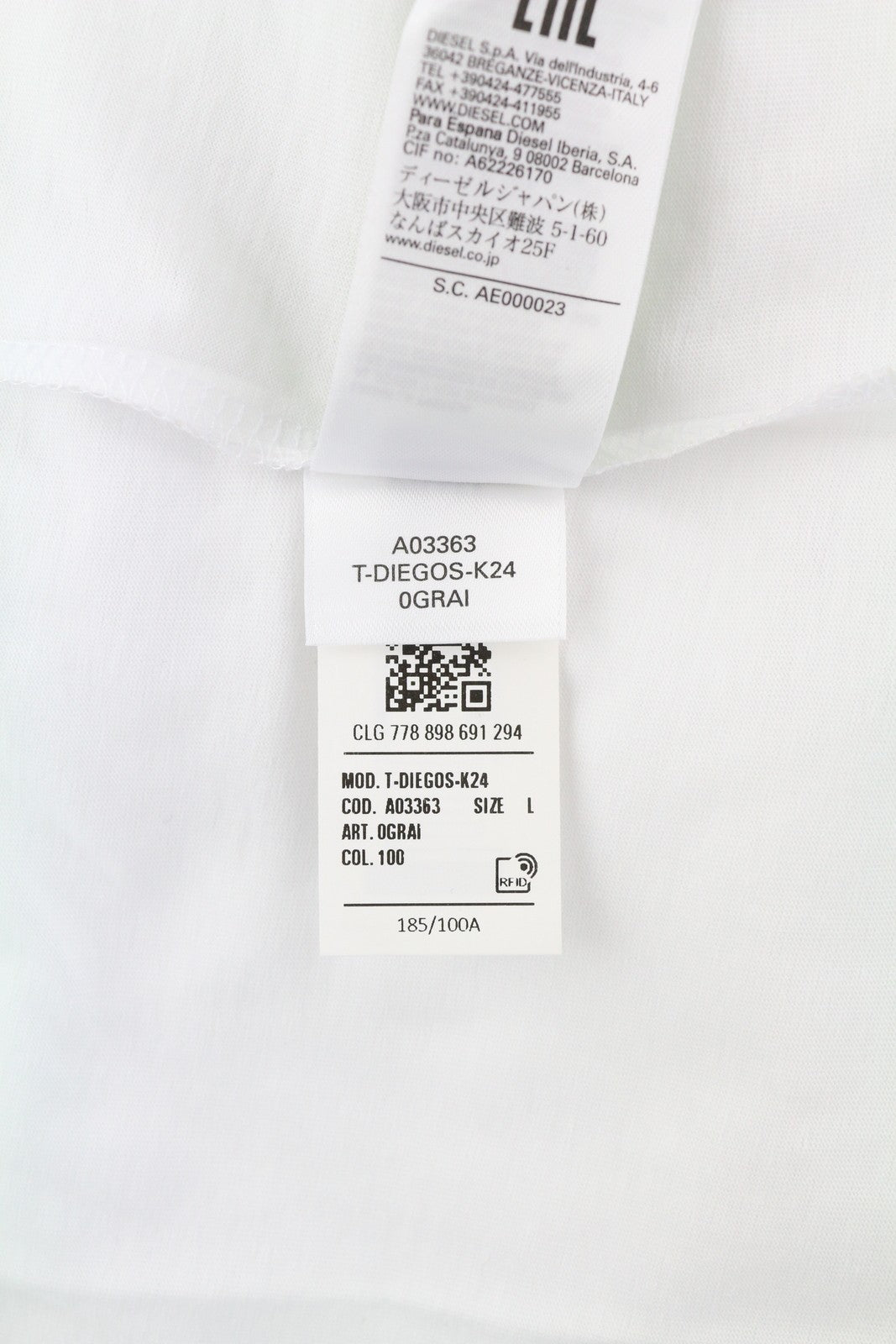 DIESEL T-Diegos-K24 Men's T-Shirt L White Short Sleeve Crew Neck Cotton Tricot