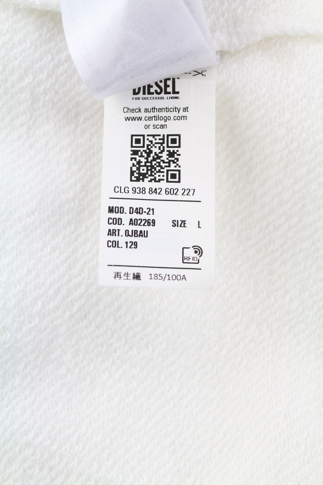 DIESEL D4D-21 Men Hoodie L White Cotton Pullover Kangaroo Pocket Hooded RRP€175