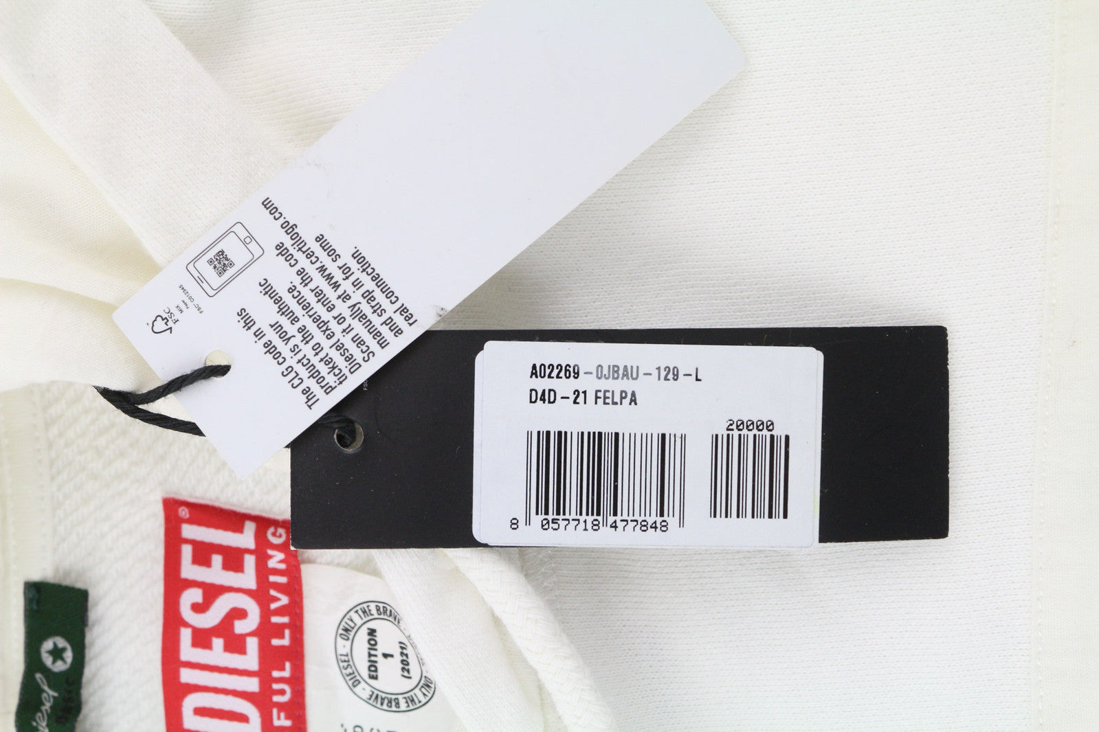 DIESEL D4D-21 Men Hoodie L White Cotton Pullover Kangaroo Pocket Hooded RRP€175