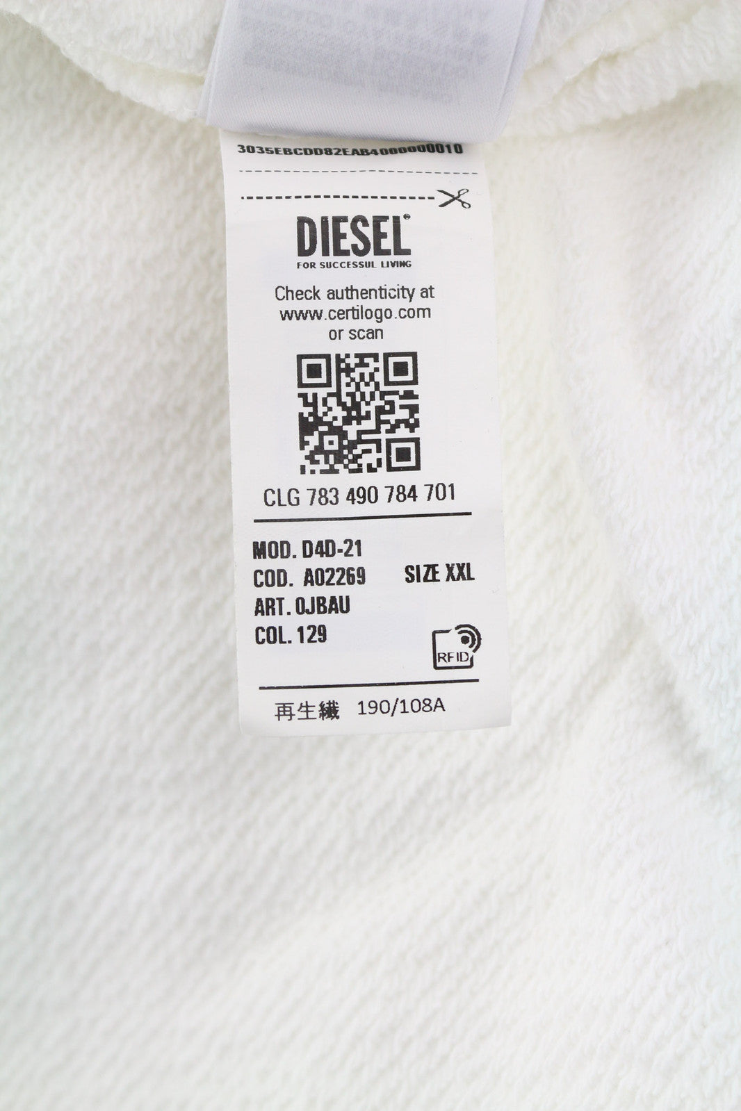 DIESEL D4D-21 Men Hoodie 2XL White Cotton Pullover Kangaroo Pocket Hood RRP€175