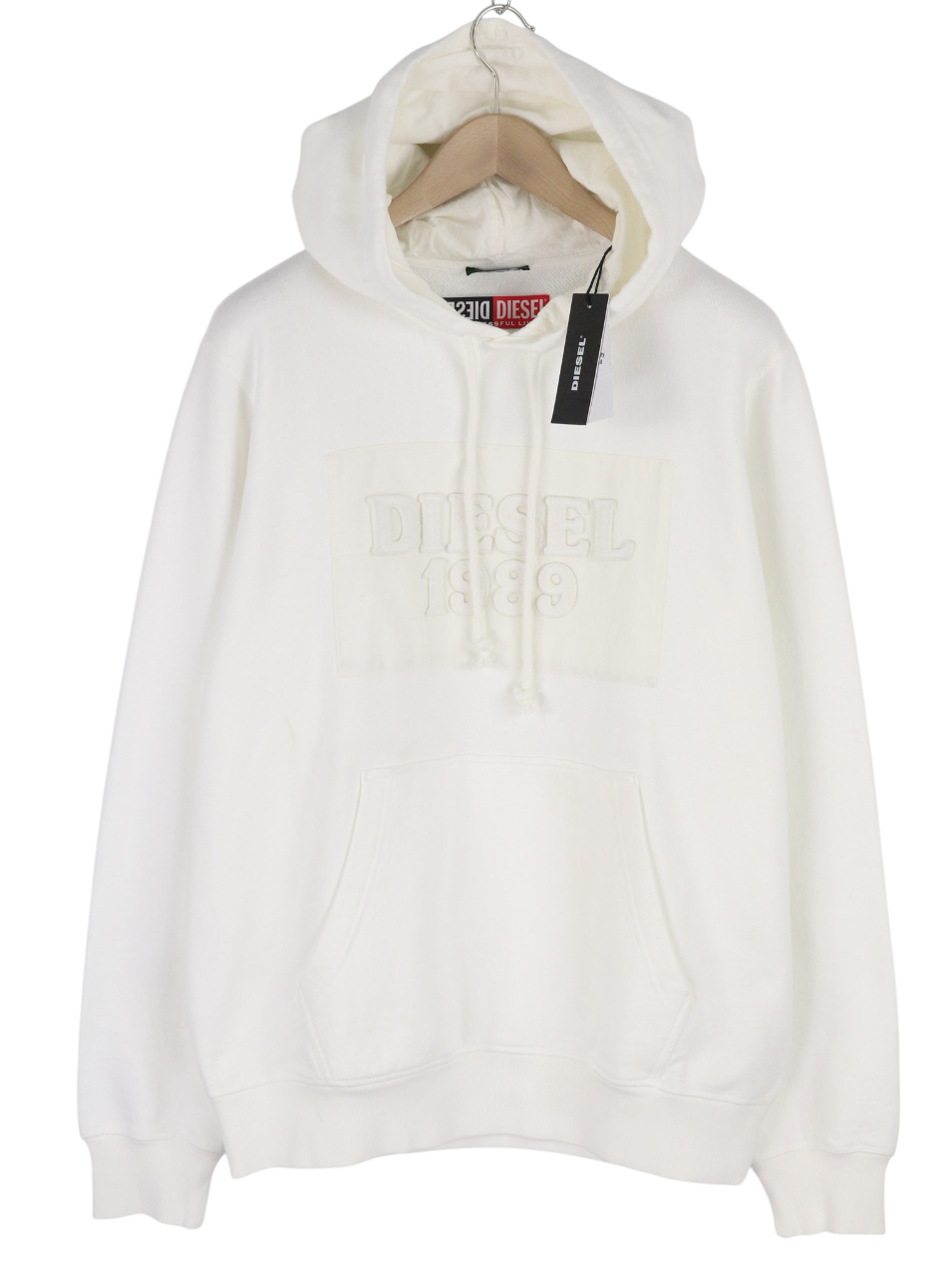 DIESEL D4D-21 Men Hoodie L White Cotton Pullover Kangaroo Pocket Hooded RRP€175