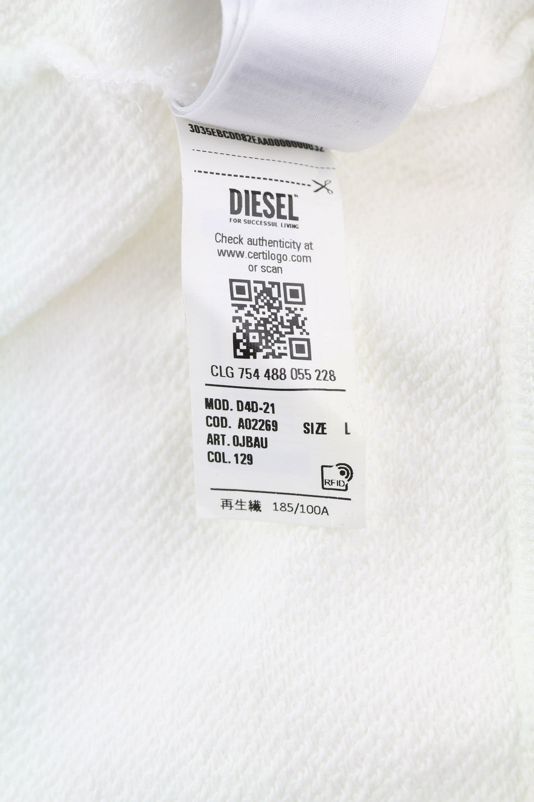 DIESEL D4D-21 Men Hoodie L White Cotton Pullover Kangaroo Pocket Hooded RRP€175