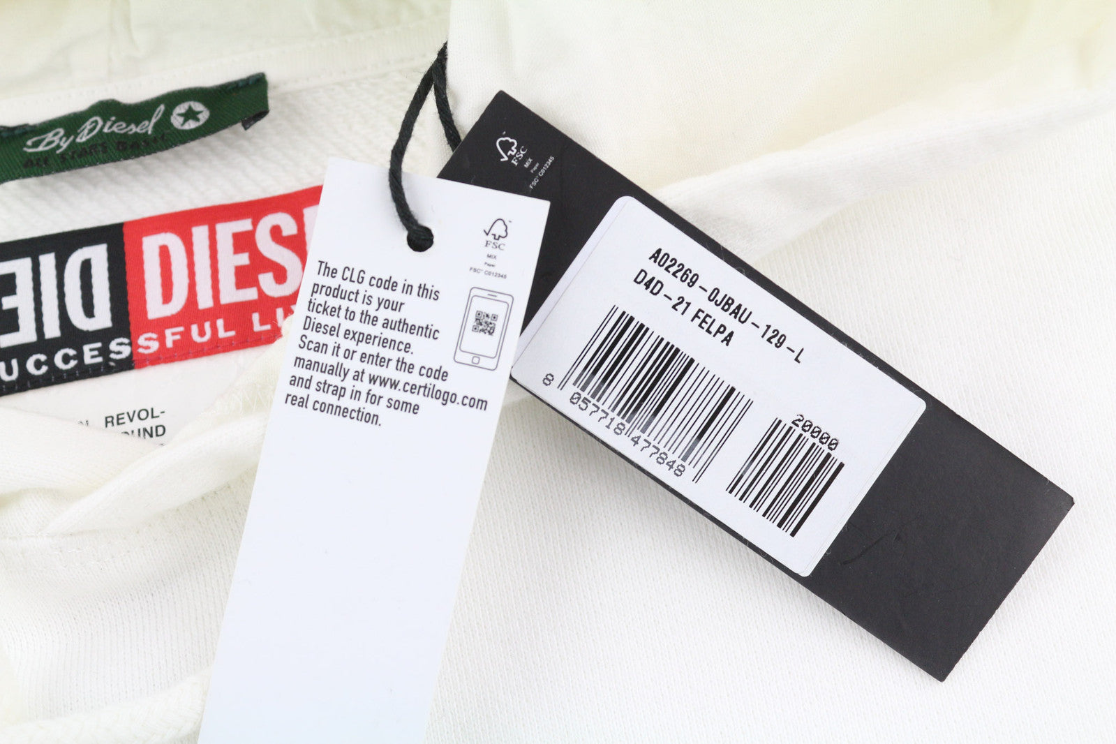 DIESEL D4D-21 Men Hoodie L White Cotton Pullover Kangaroo Pocket Hooded RRP€175