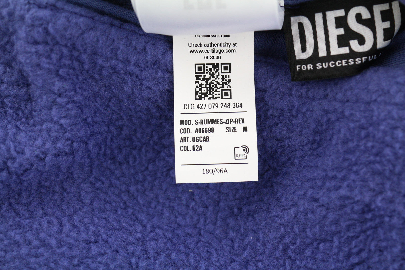 DIESEL S-Rummes-Zip-Rev Men Hoodie M Blue Fleece Pockets Oversized RRP€250