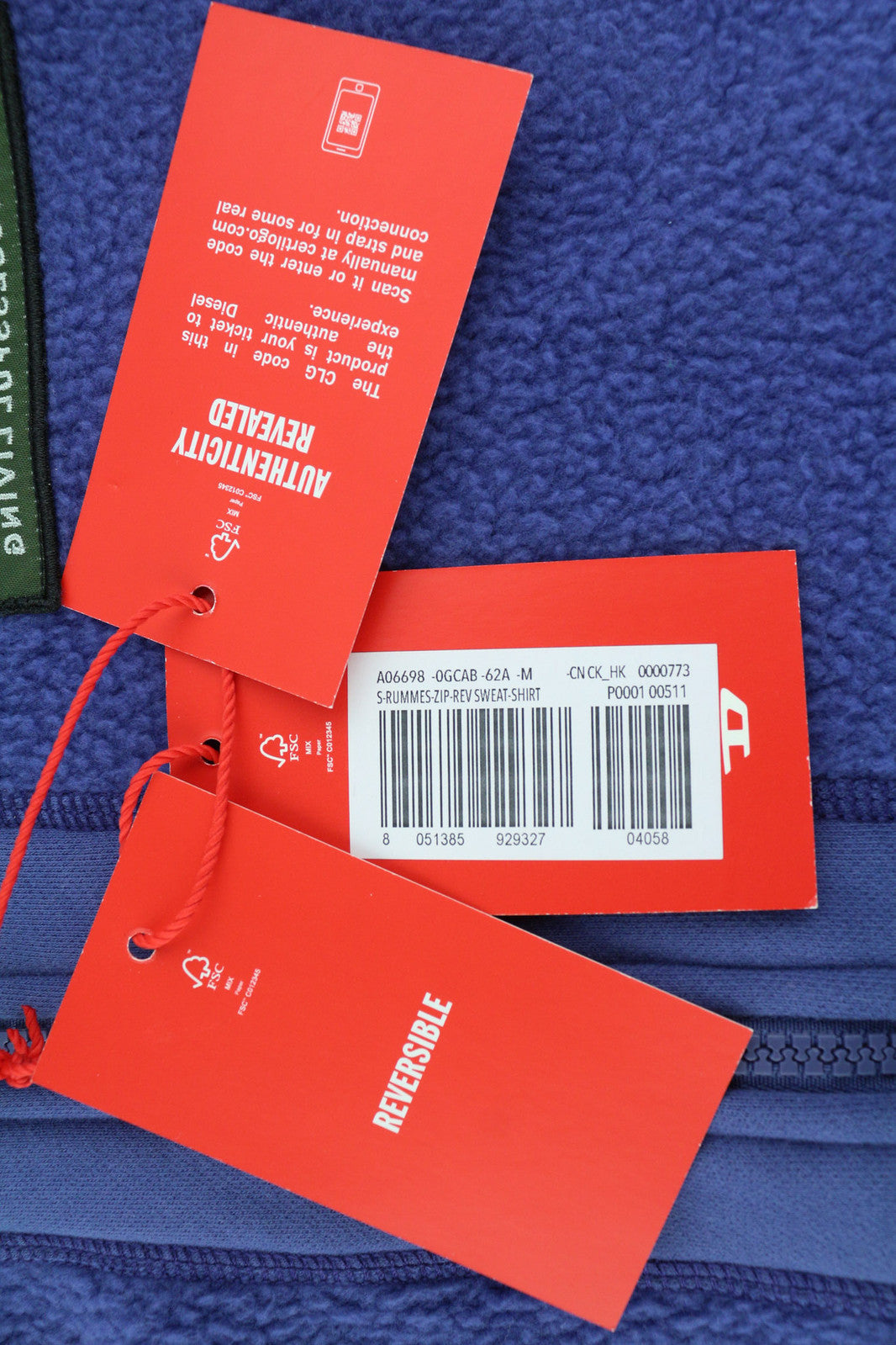 DIESEL S-Rummes-Zip-Rev Men Hoodie M Blue Fleece Pockets Oversized RRP€250