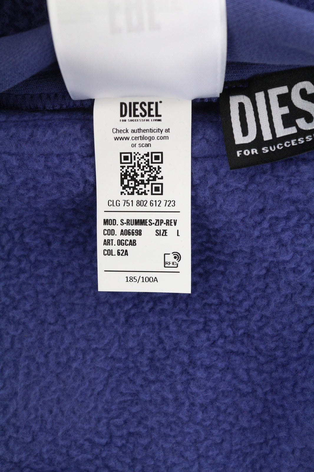 DIESEL S-Rummes-Zip-Rev Men Hoodie L Blue RRP€250 Fleece Pockets Oversized