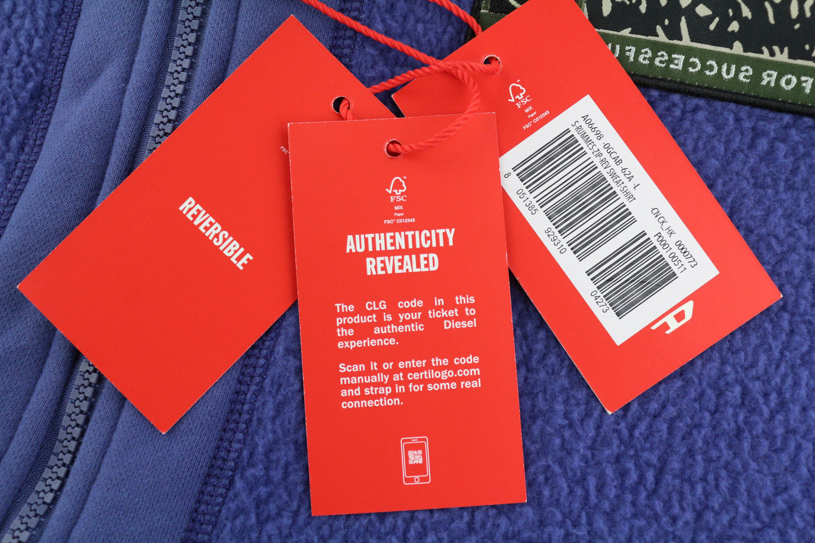 DIESEL S-Rummes-Zip-Rev Men Hoodie L Blue RRP€250 Fleece Pockets Oversized