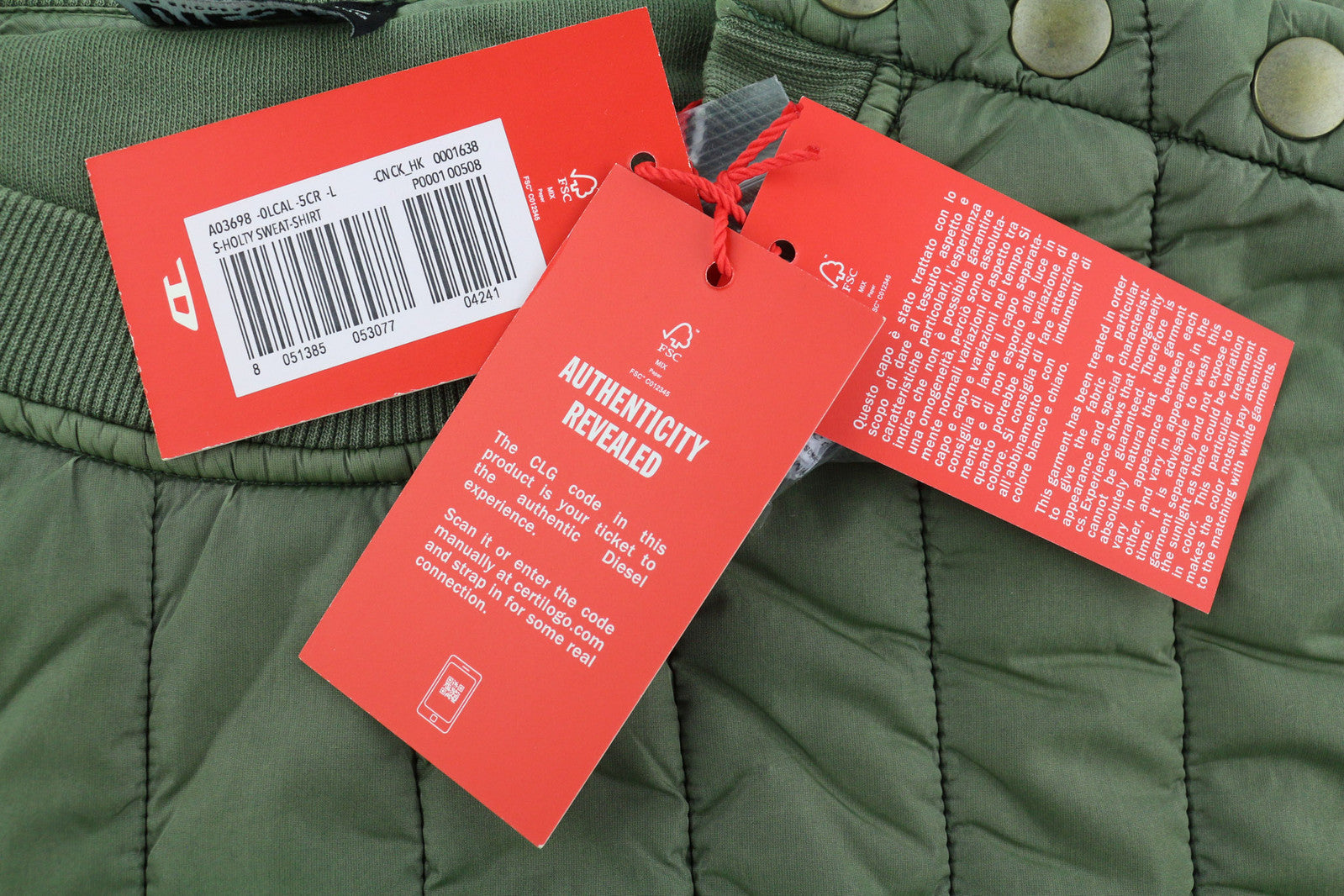 DIESEL S-Holty Men Sweatshirt L Green Pullover Padded Quilted Crew Neck RRP225