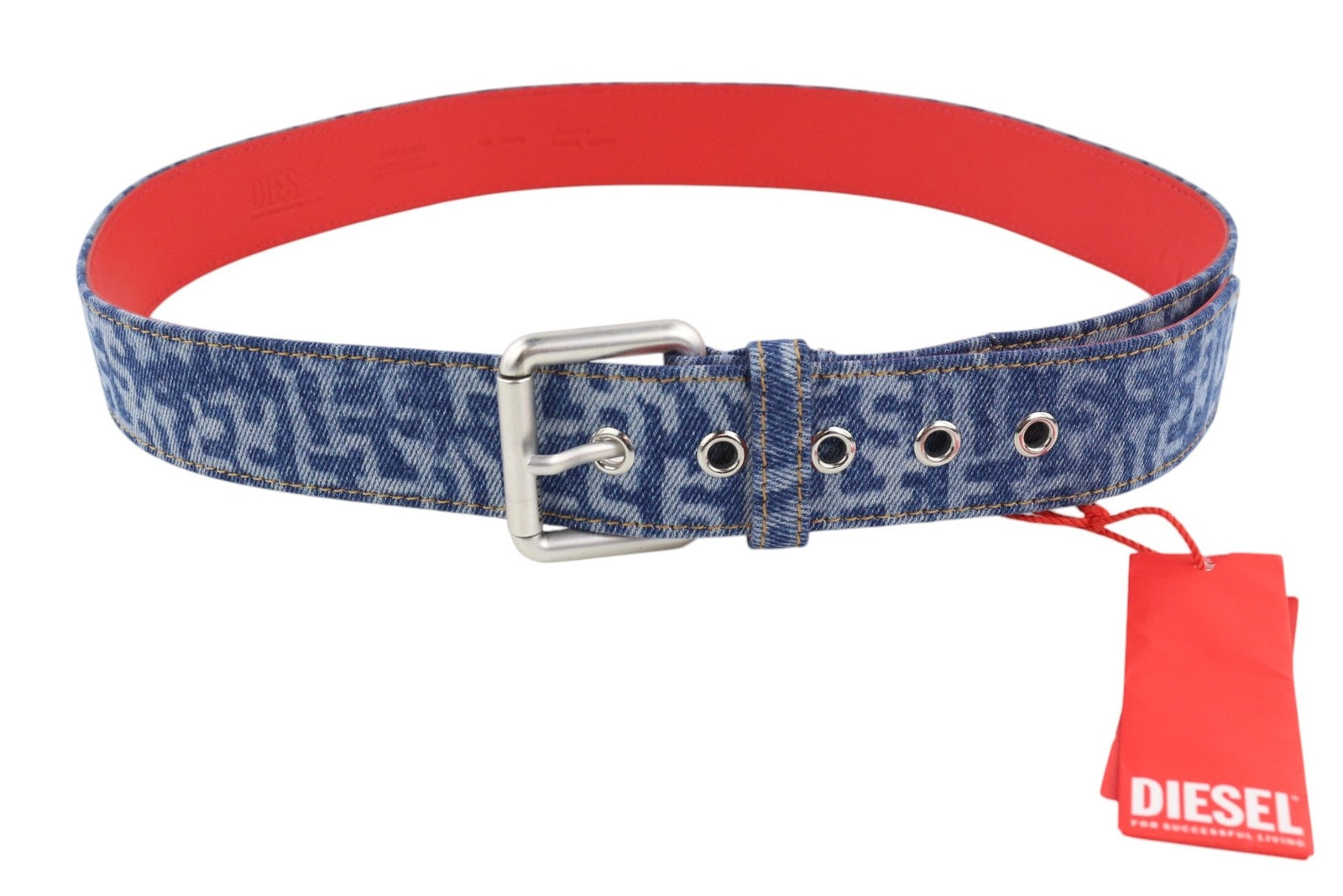 DIESEL B-Monogram Men Belt 105 cm Blue Leather Denim Patterned Casual RRP€150