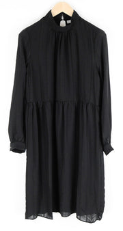 FRANSA Women Dress S Black Round Neck Long Sleeved Pleated Mid-Length Lined