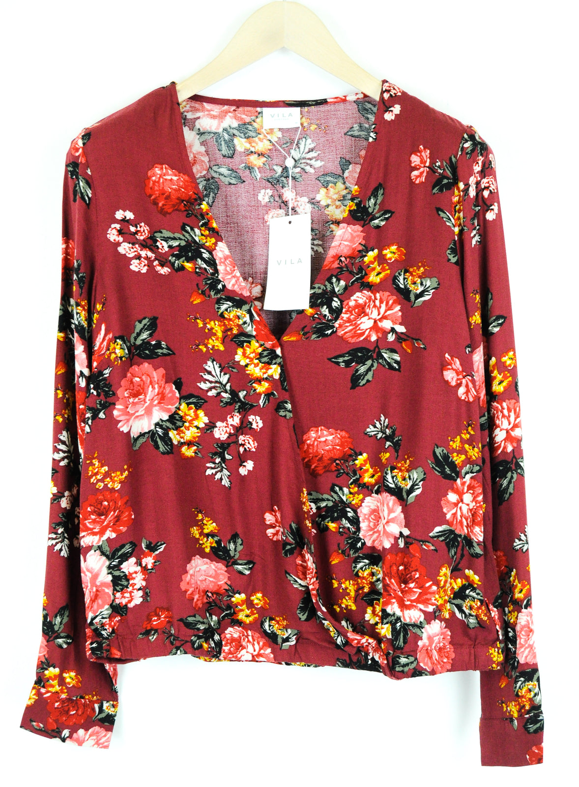 VILA Visaxa Women Blouse EU40 Red Long Sleeved Flower Pattern V-Neck Pullover