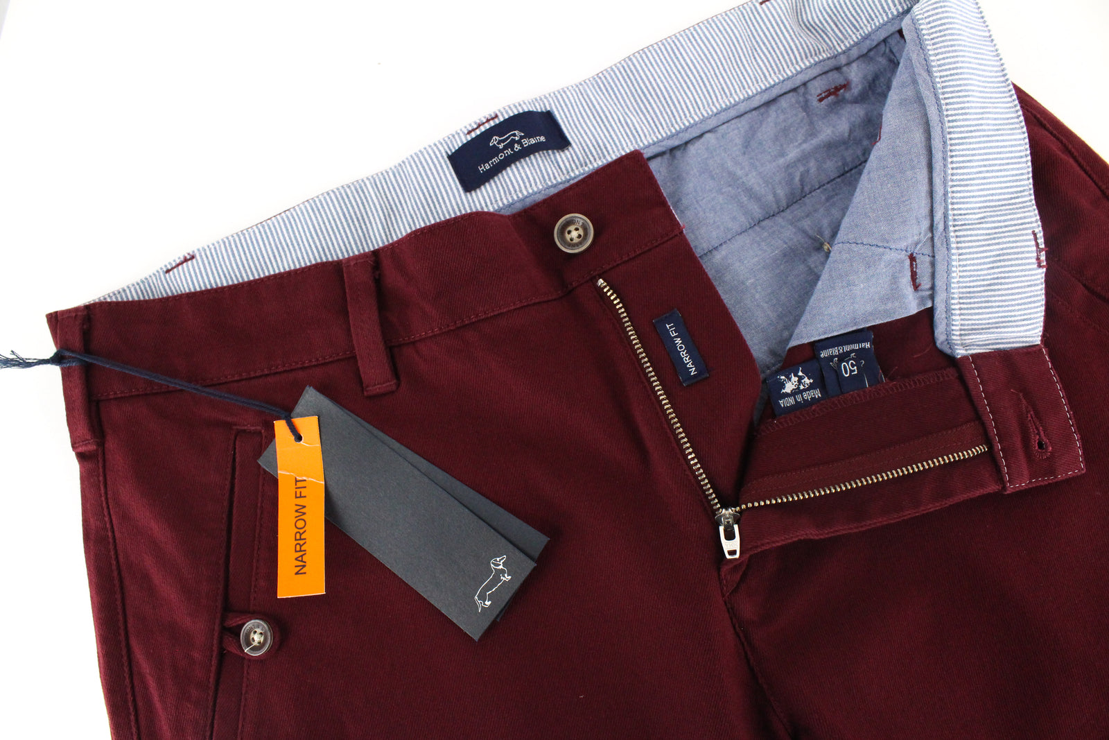 HARMONT & BLAINE Men Trousers 50 Burgundy Red Narrow Fit Stretch Twill Pocketed