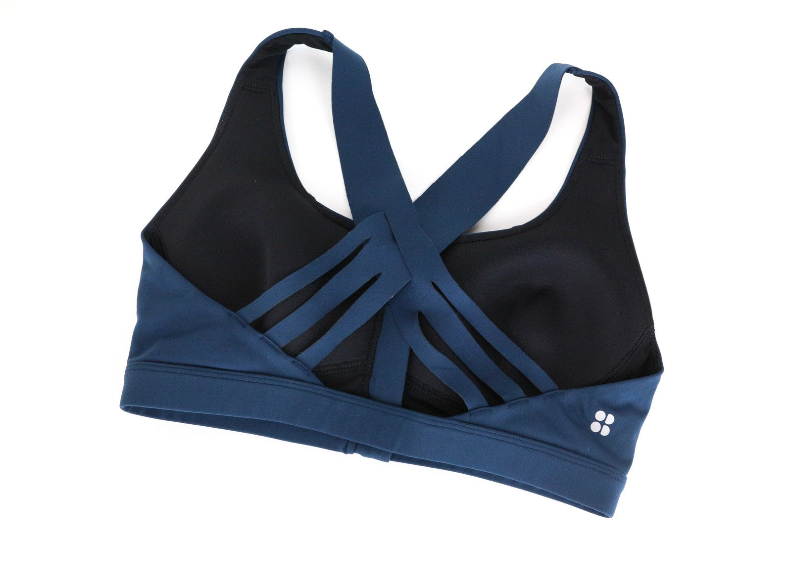 SWEATY BETTY XS Navy Zip-Front Gym Bra with Crossed Back Straps