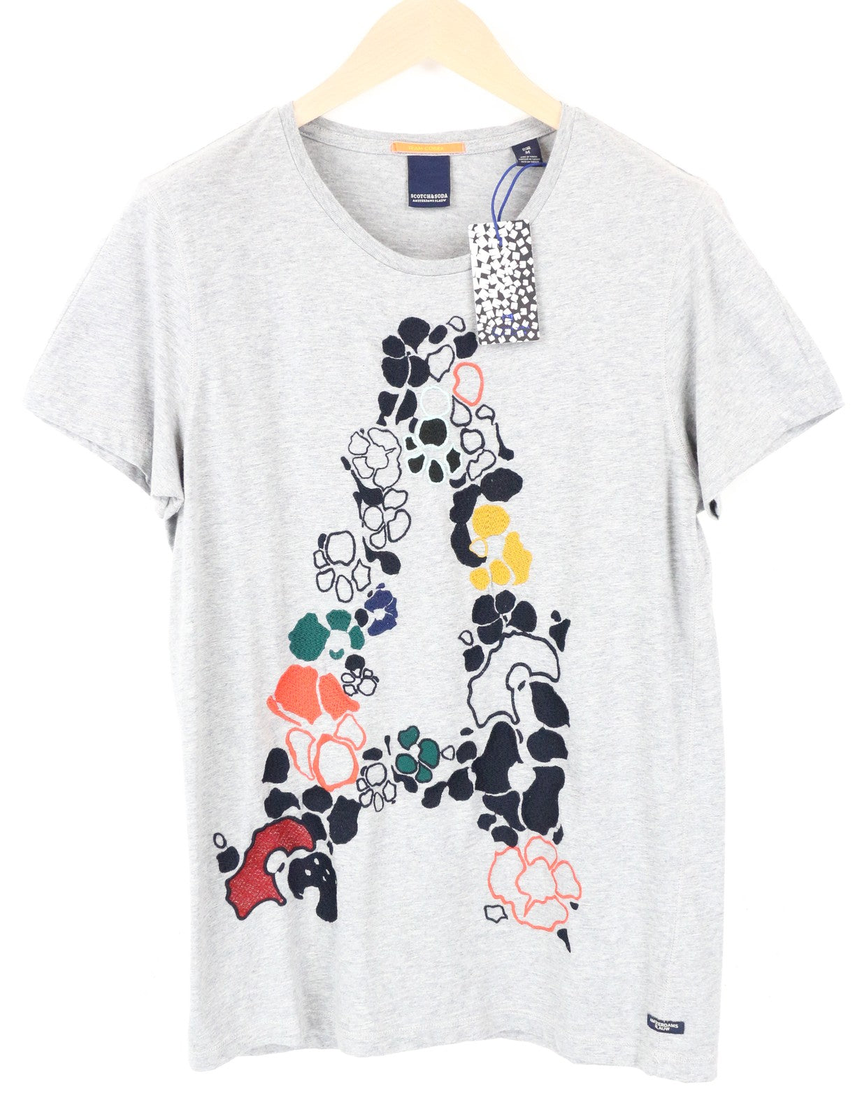 SCOTCH & SODA Ams Blauw Men's Grey Cotton Tee M Embroidered Short Sleeve