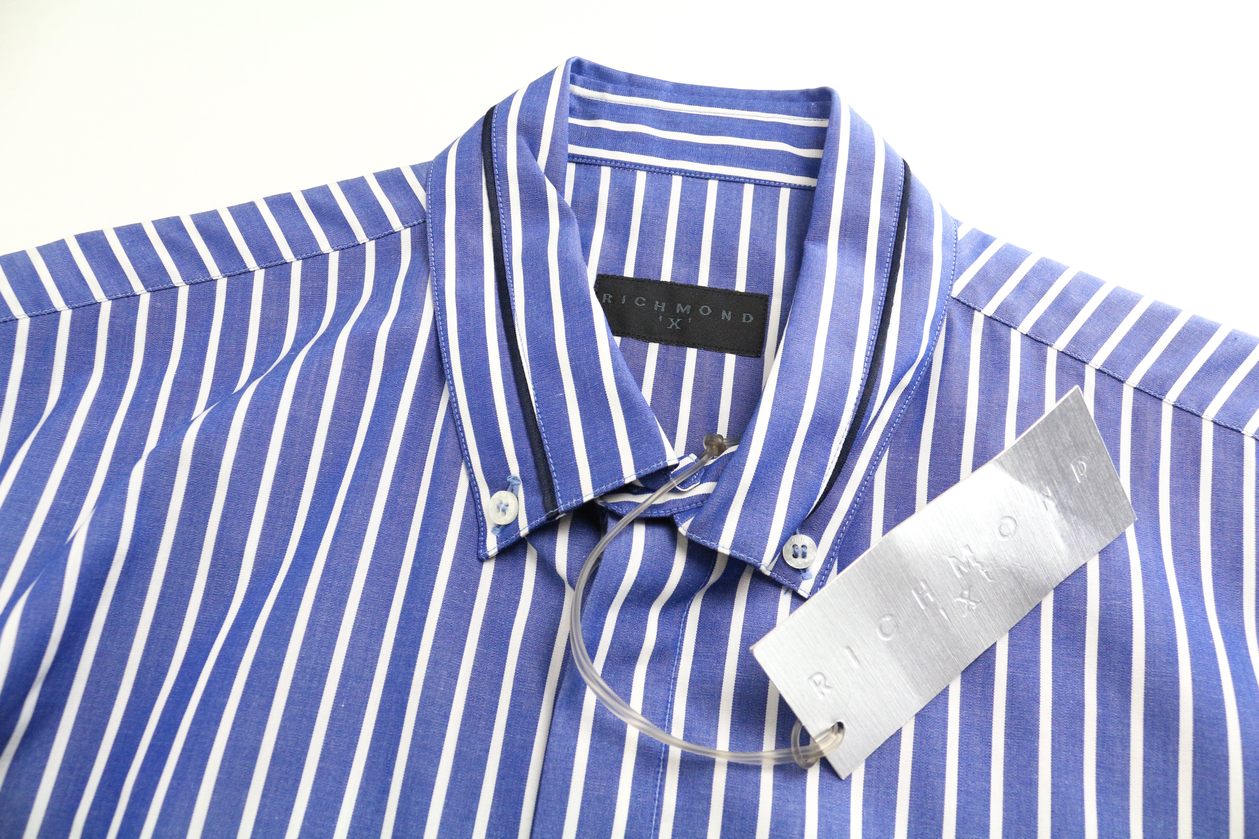 RICHMOND Men's 48 Shirt Blue Striped Cotton Pocketed Short Sleeve