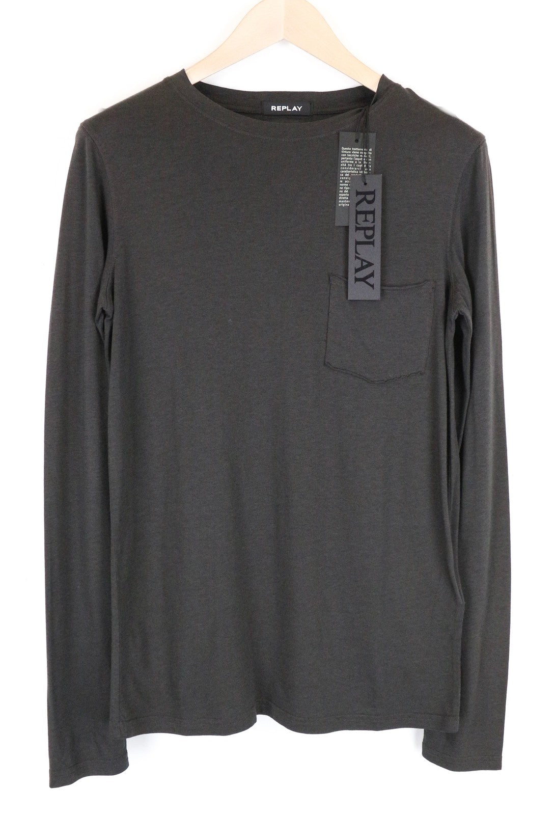 REPLAY Men's Tee Greyish Brown S Cotton Blend Long Sleeve Pocket Pullover