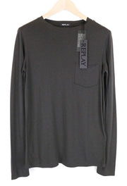 REPLAY Men's Tee Greyish Brown S Cotton Blend Long Sleeve Pocket Pullover