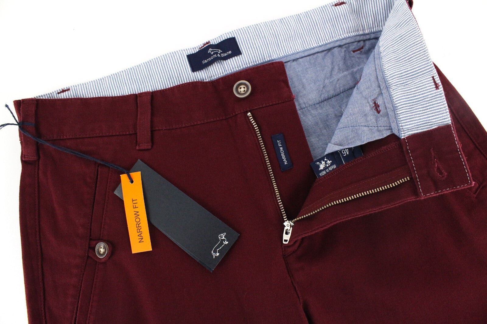 HARMONT & BLAINE Men Trousers 46 Straight Narrow Fit Burgundy Stretch Twill Red