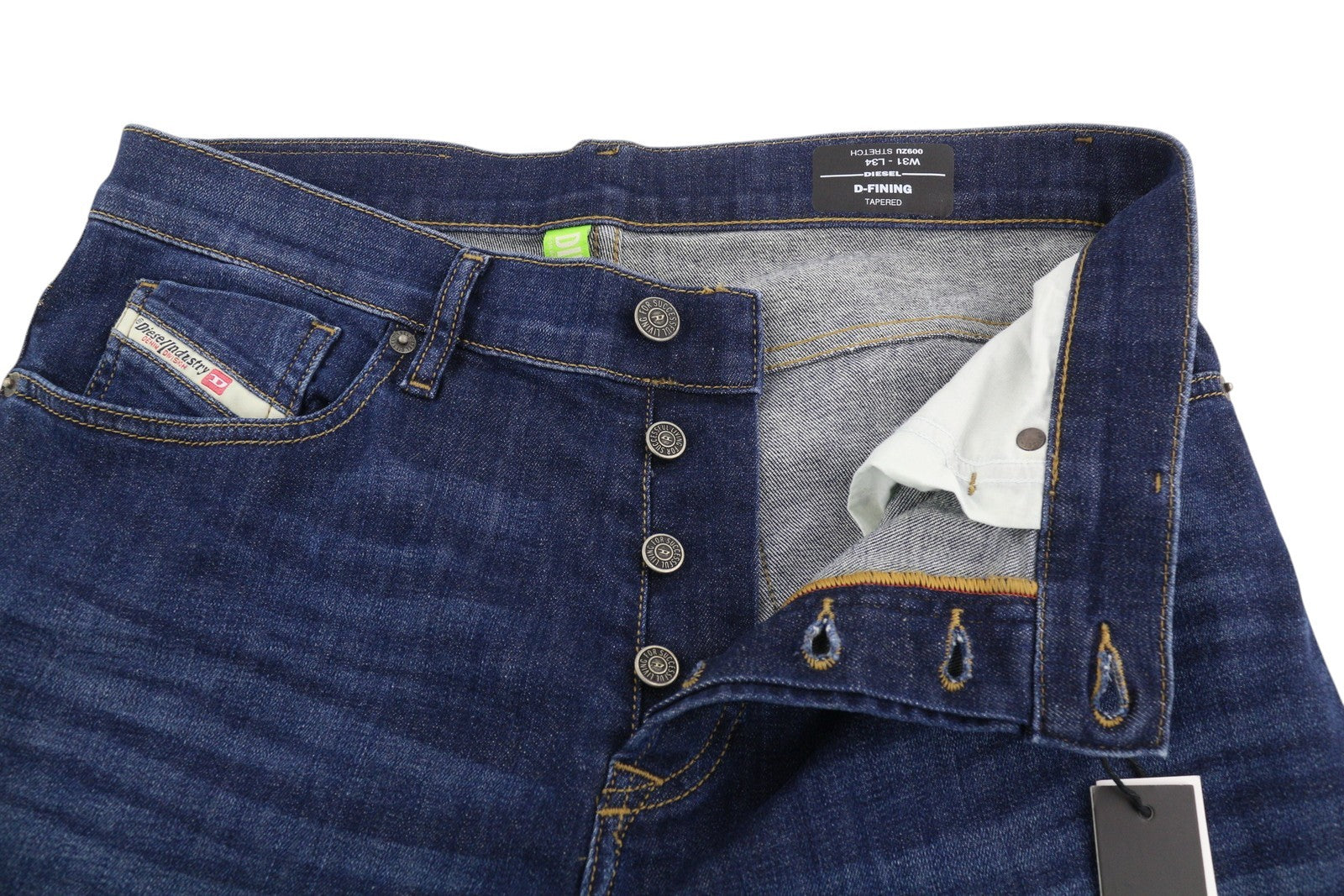 DIESEL D-Fining 009ZU Men Jeans W31/L34 Tapered Fit Stretch Buttoned Washed Blue