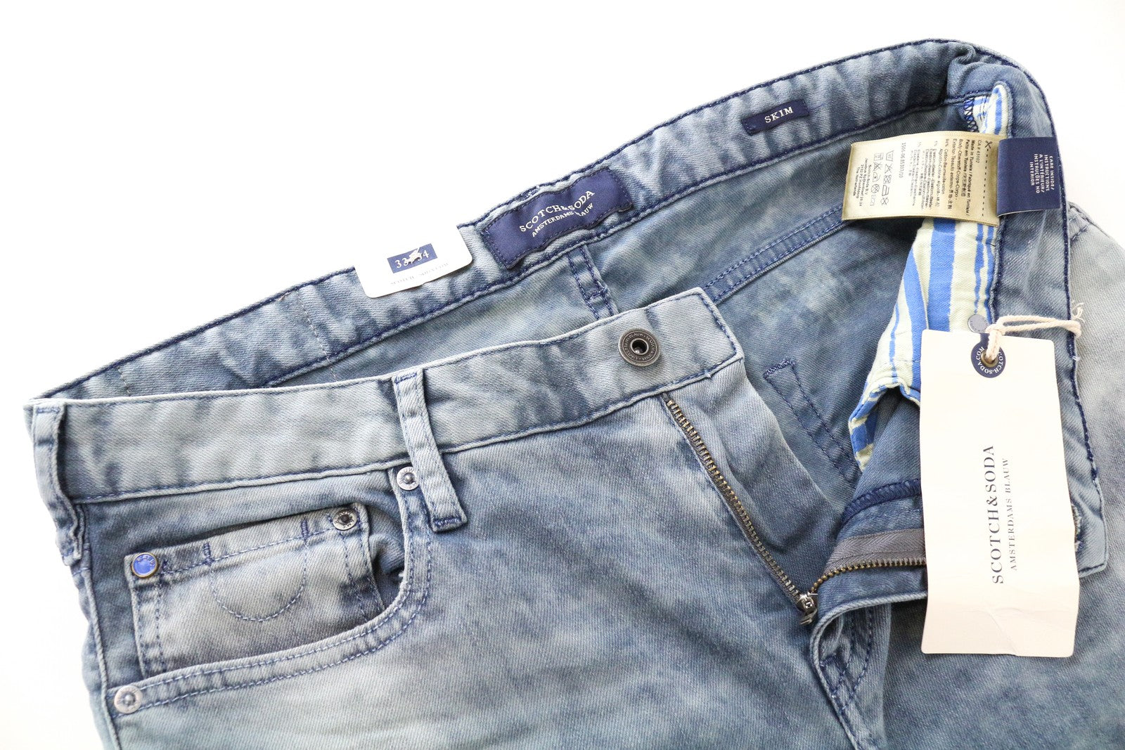 SCOTCH &amp; SODA Skim W33/L34 skalbto džinso aptempti mėlyni tamprūs vyriški džinsai 