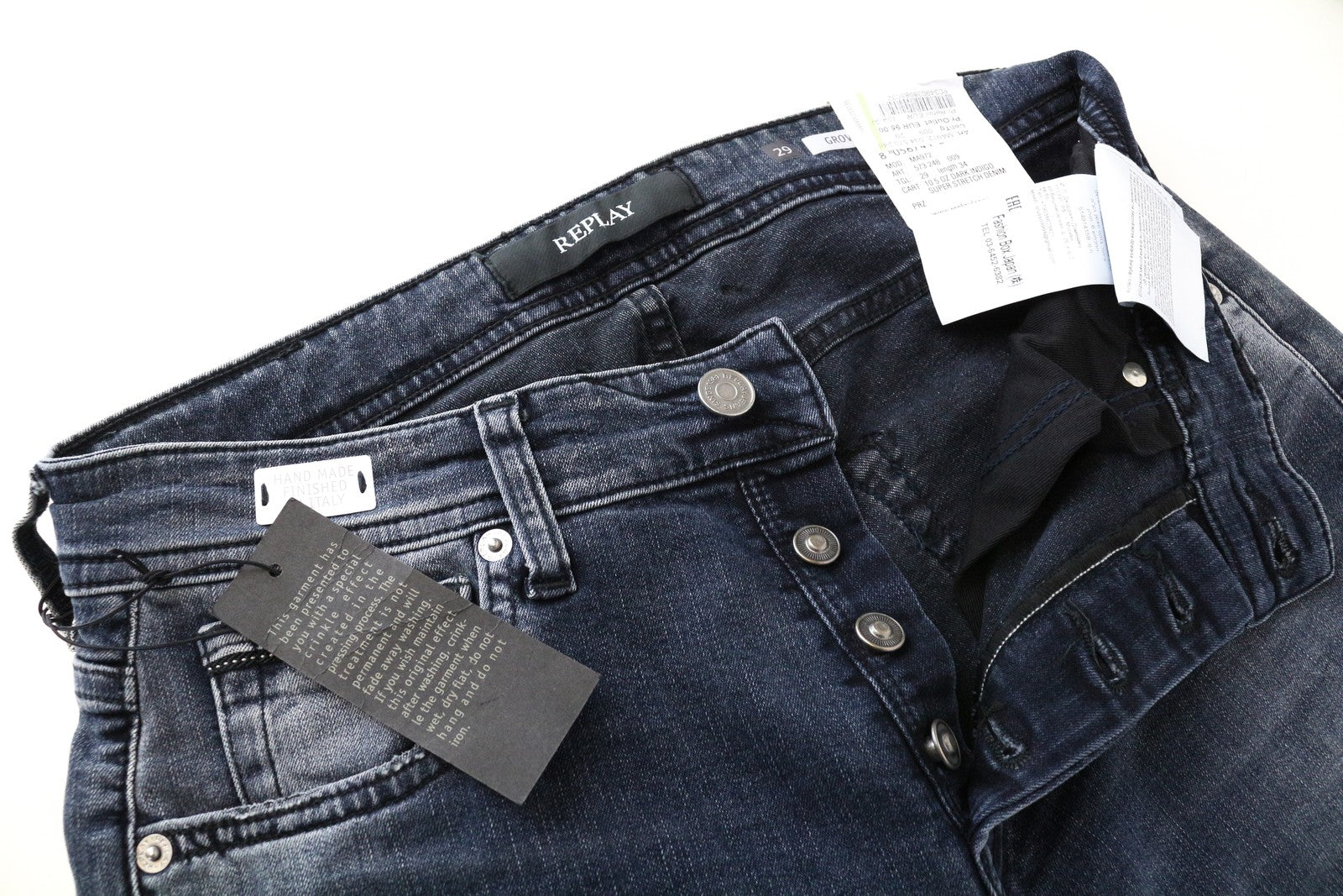 REPLAY Grover Straight džinsai W29/L34 mėlyni tamprūs medvilniniai skalbto kirpimo vyriški džinsai 