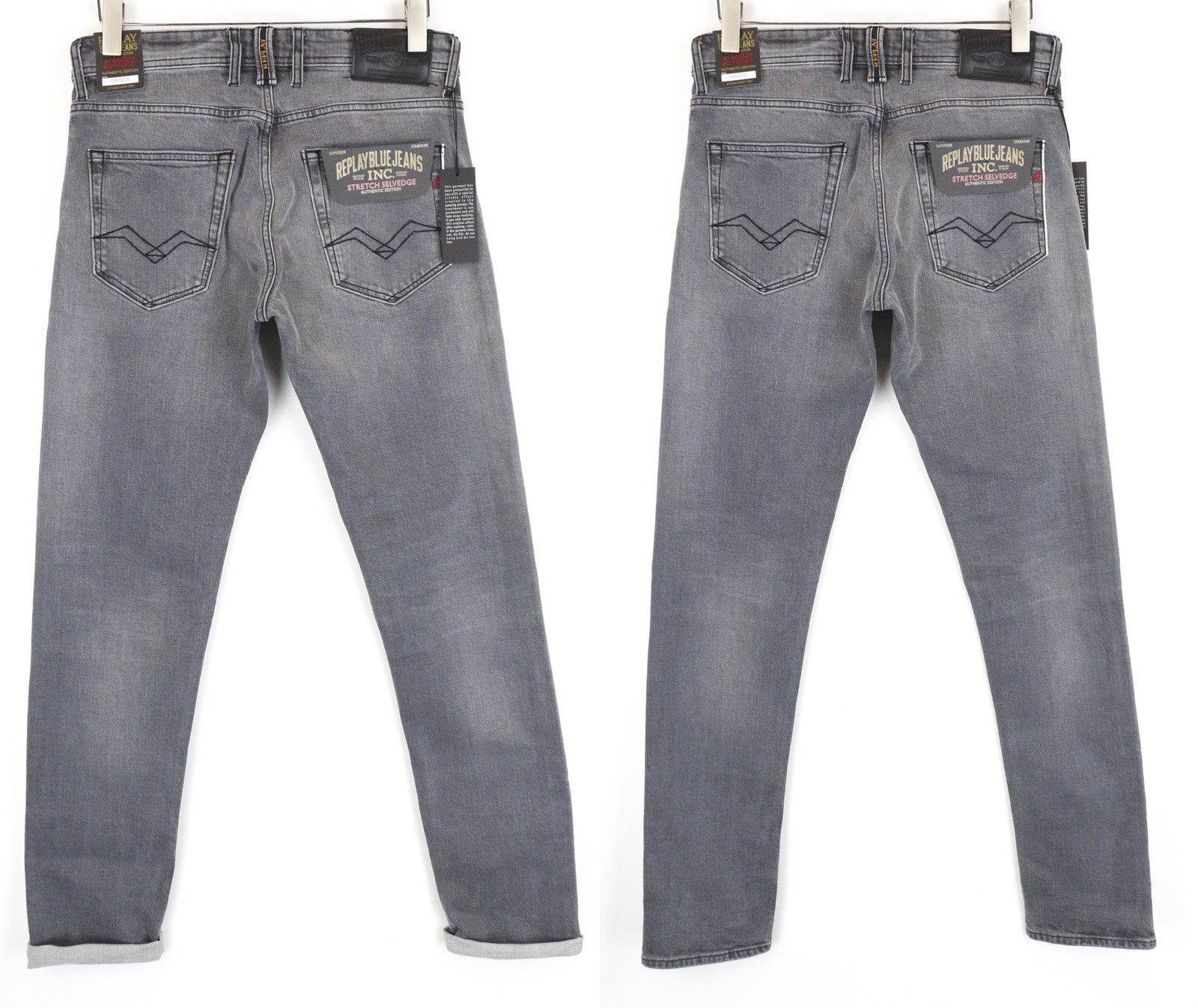 REPLAY Grover W30/L34 Straight Selvedge Grey Stretchy Cotton Washed Men Jeans