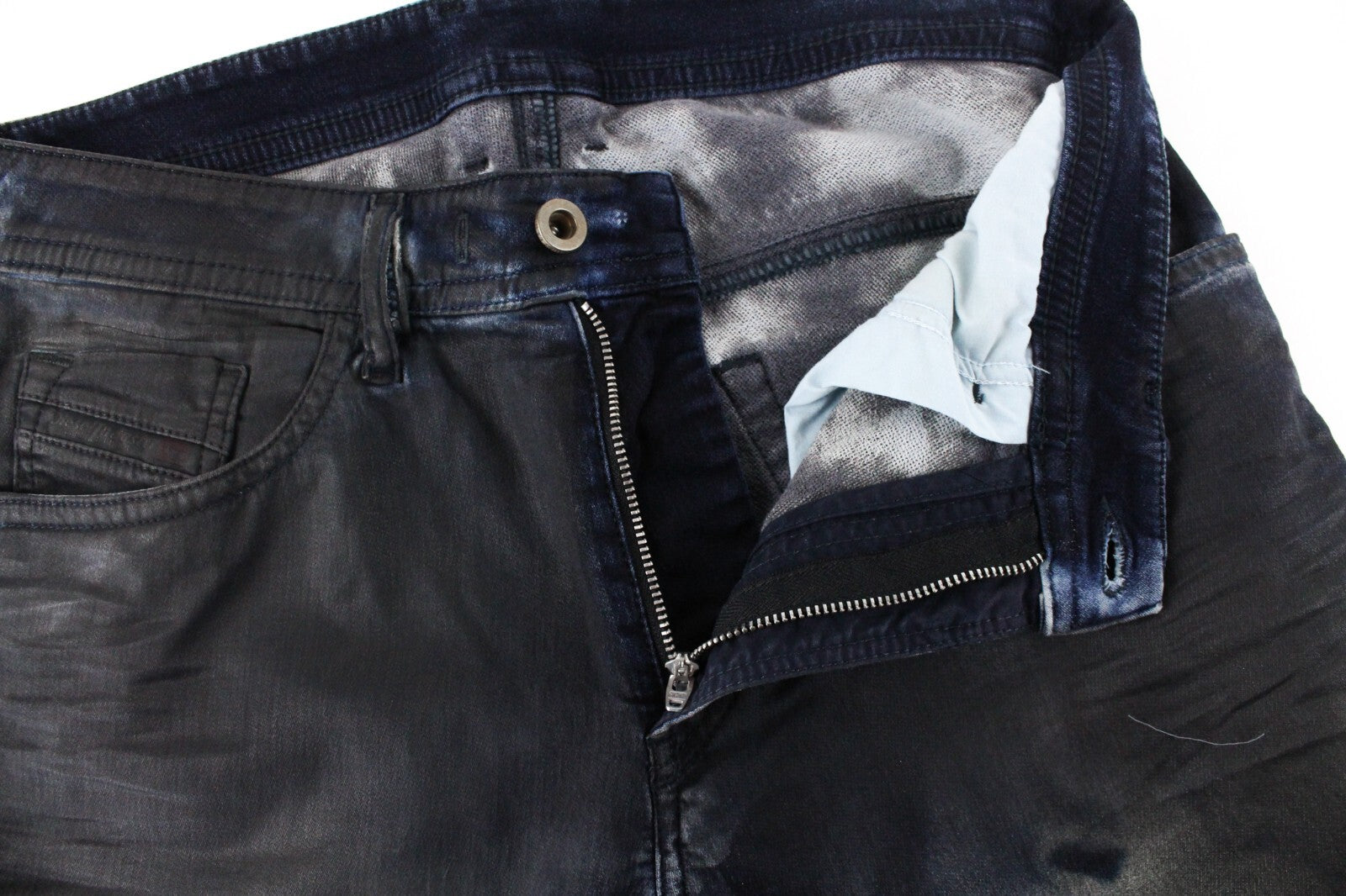 DIESEL Thommer CB-NE 085AZ vyriški džinsai W28 pilka mėlyna plona vaškuota Jogg elastinga 