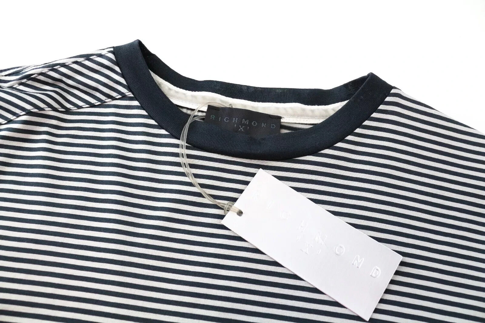 RICHMOND Men T-Shirt L Grey Cotton Stripe Short Sleeve Summer