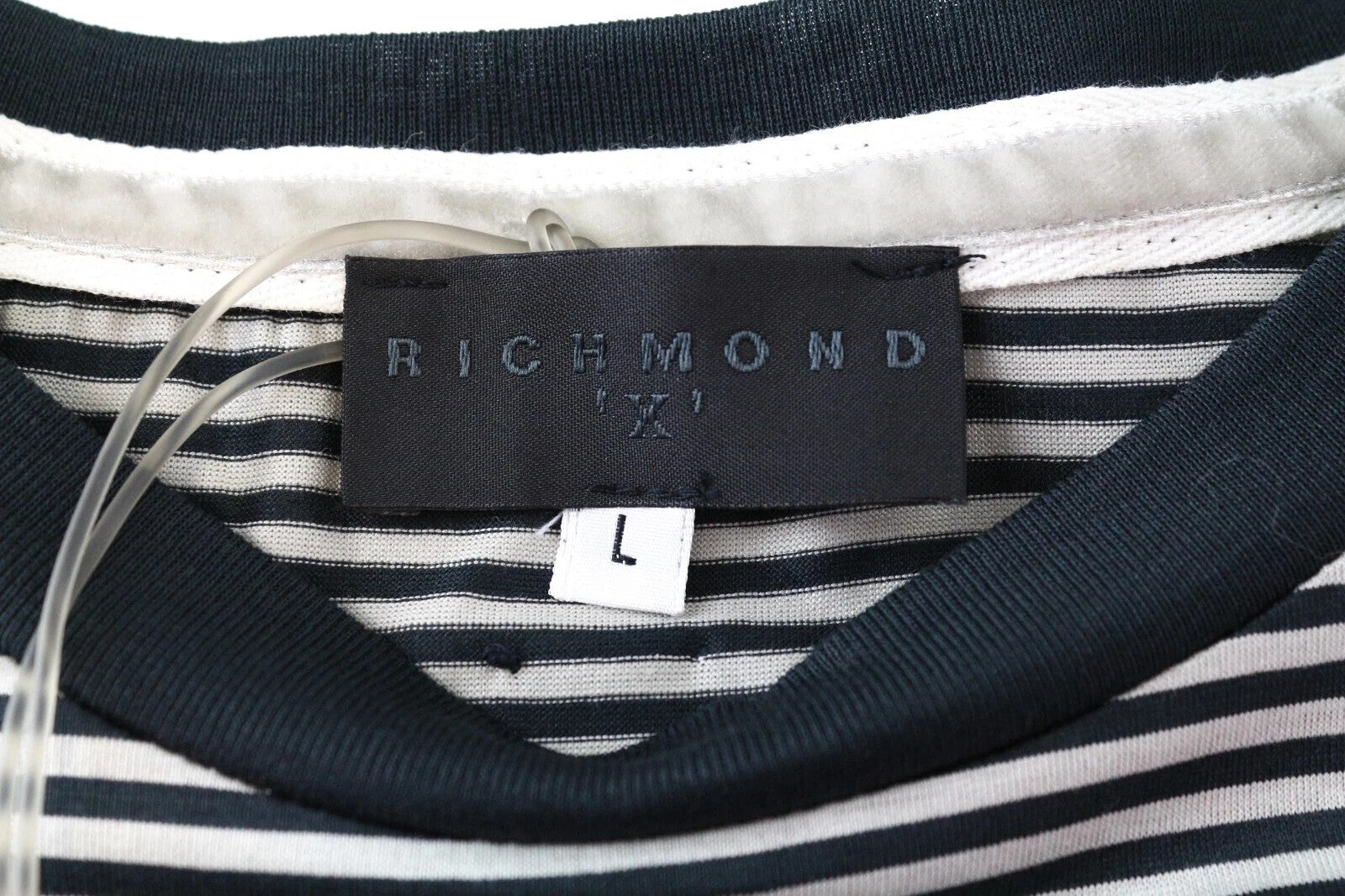 RICHMOND Men T-Shirt L Grey Cotton Stripe Short Sleeve Summer