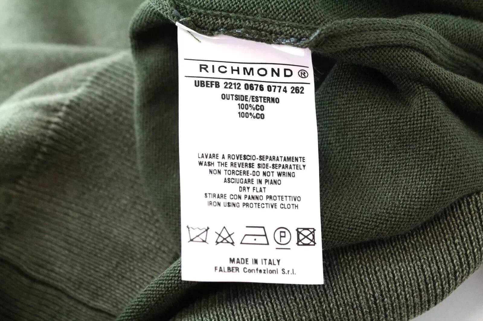 RICHMOND V-Neck Men Sweatshirt M/L Green Cotton Long Sleeve Pullover