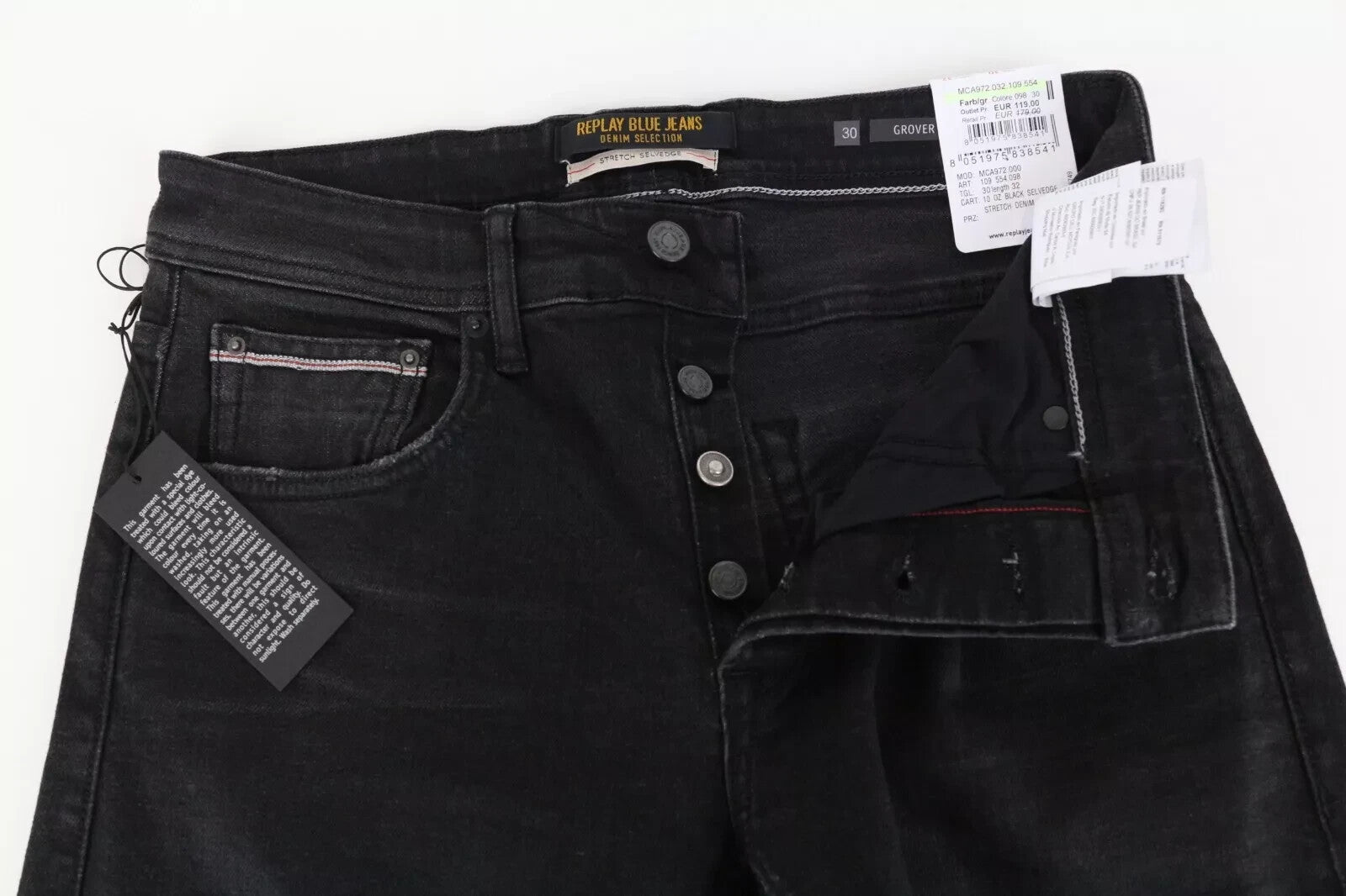 REPLAY Grover vyriški džinsai W30/L32 juodi džinsiniai su užsegimu, tamprūs, tiesūs 