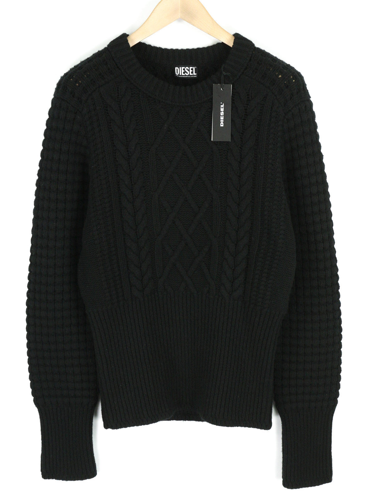 DIESEL M-Ysabell Women Jumper S Pullover Wool Cable Knit Crew Neck Black RRP€275