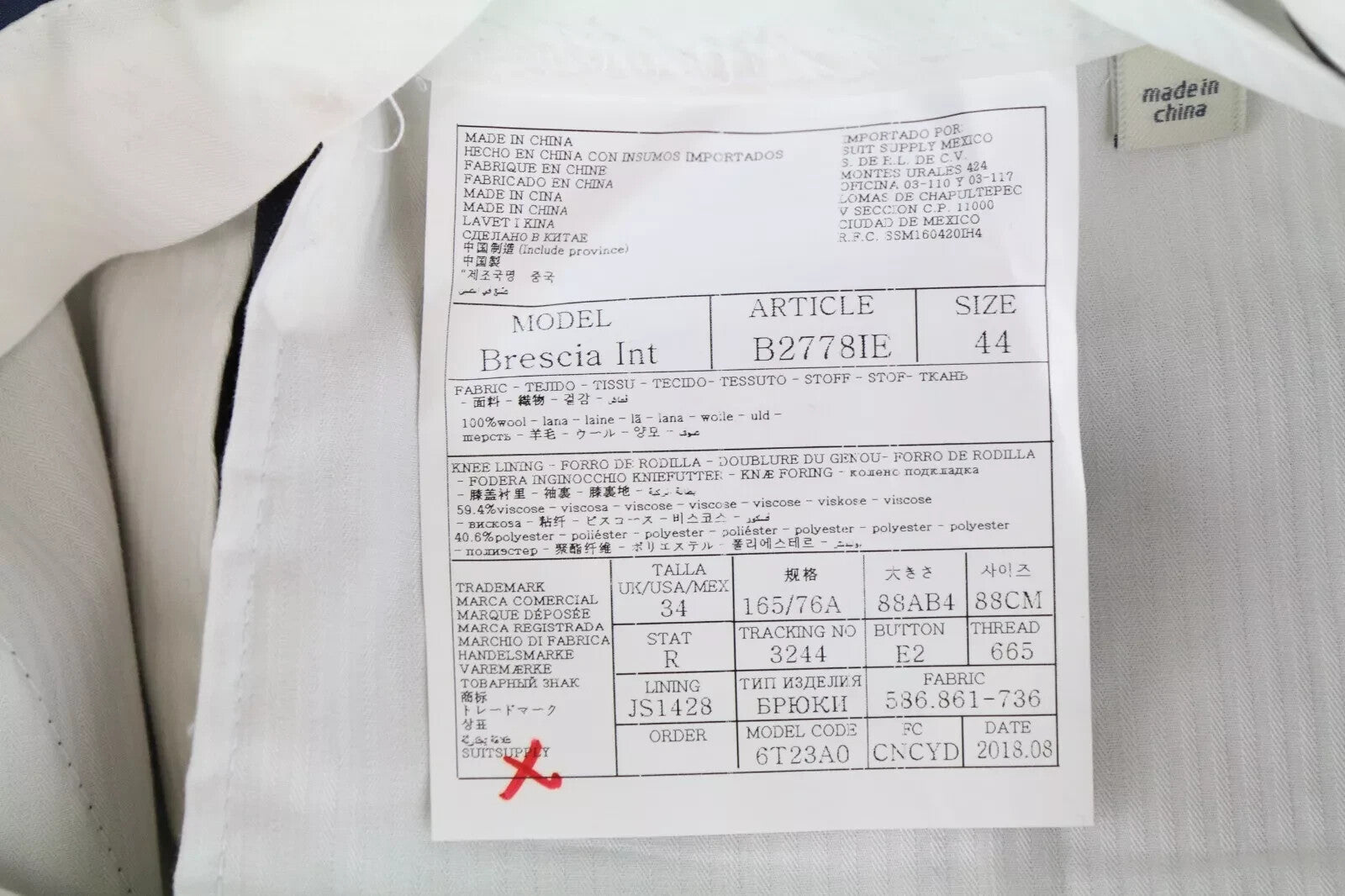 SUITSUPPLY Brescia UK34R Men Trousers Wool Navy Super 110's Pleated Lined