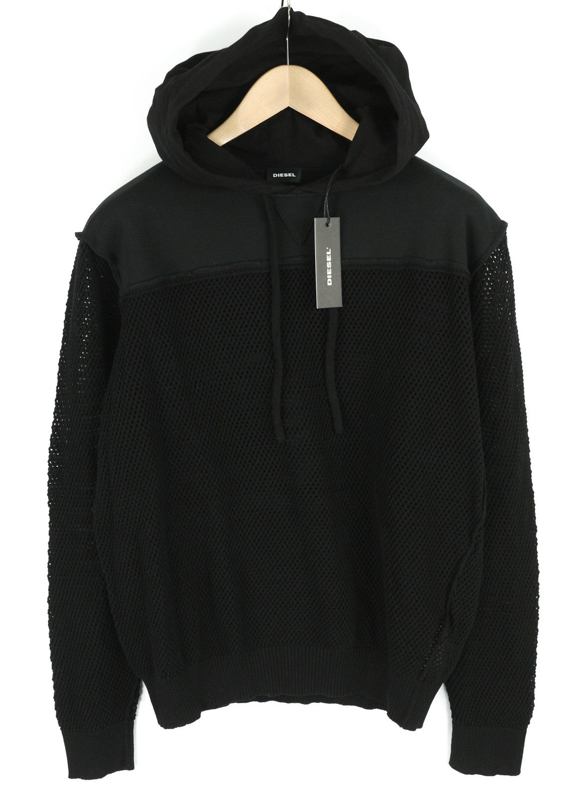 DIESEL K-Connet Men Hoodie L Black Pullover Hooded Sheer Open Knit RRP€195