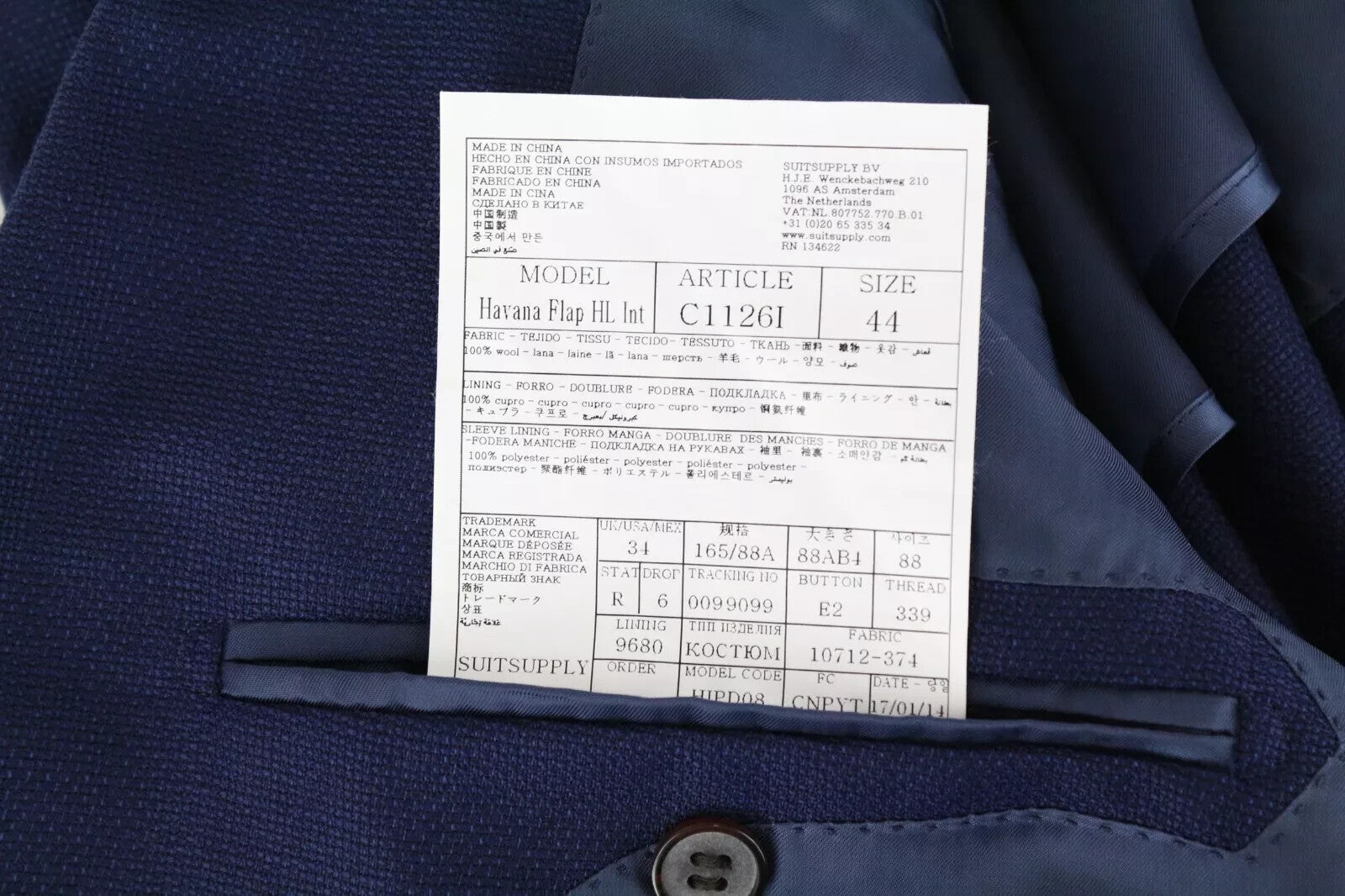 SUITSUPPLY Havana Men Blazer UK34R Blue Wool Single-Breasted Notch Lapel