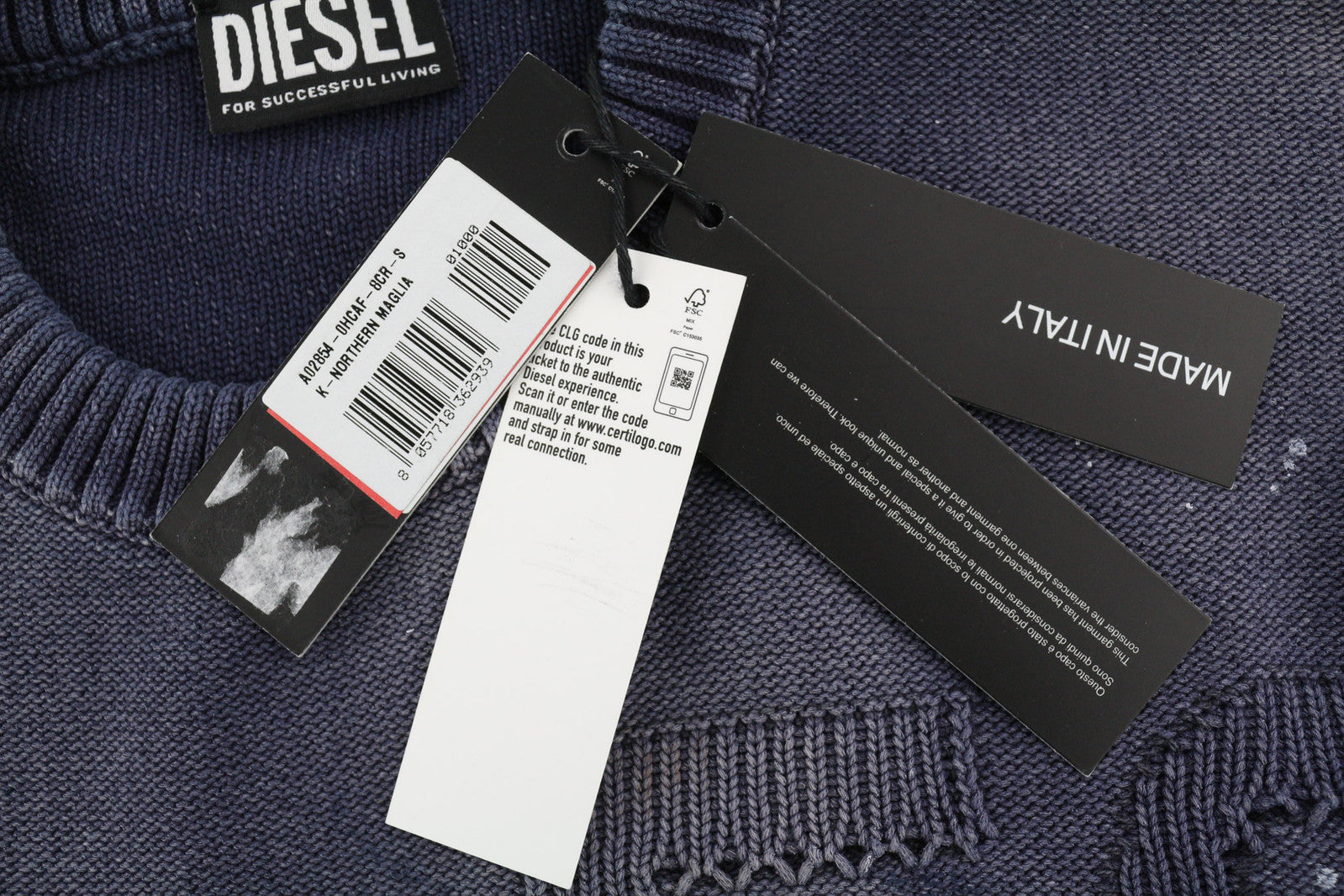 DIESEL K-Northern Men Jumper S Pullover Washed Effect Knitted Blue RRP€275