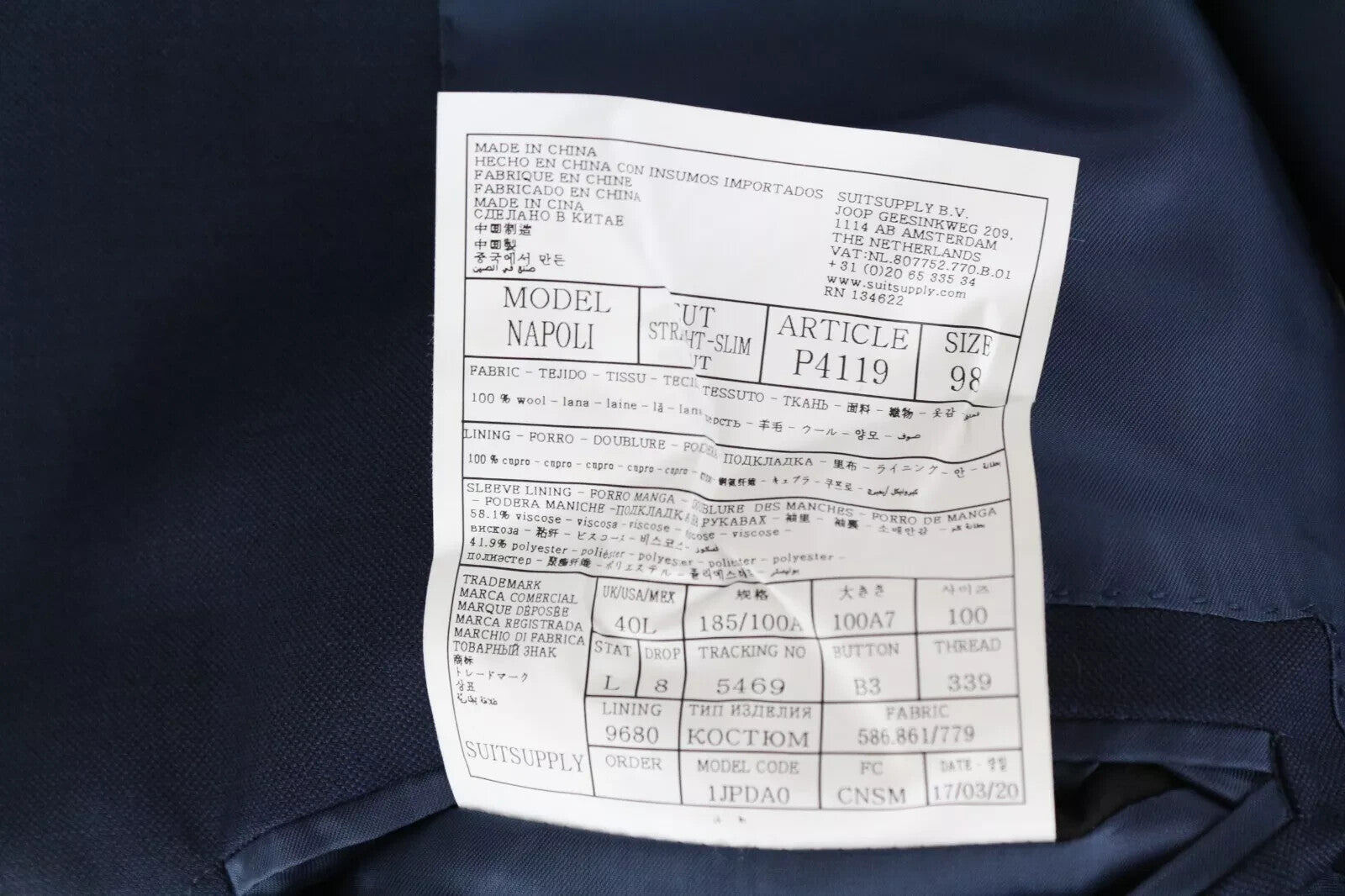 SUITSUPPLY Napoli Men Suit UK40L Super 110's Navy Wool Blazer & Waistcoat