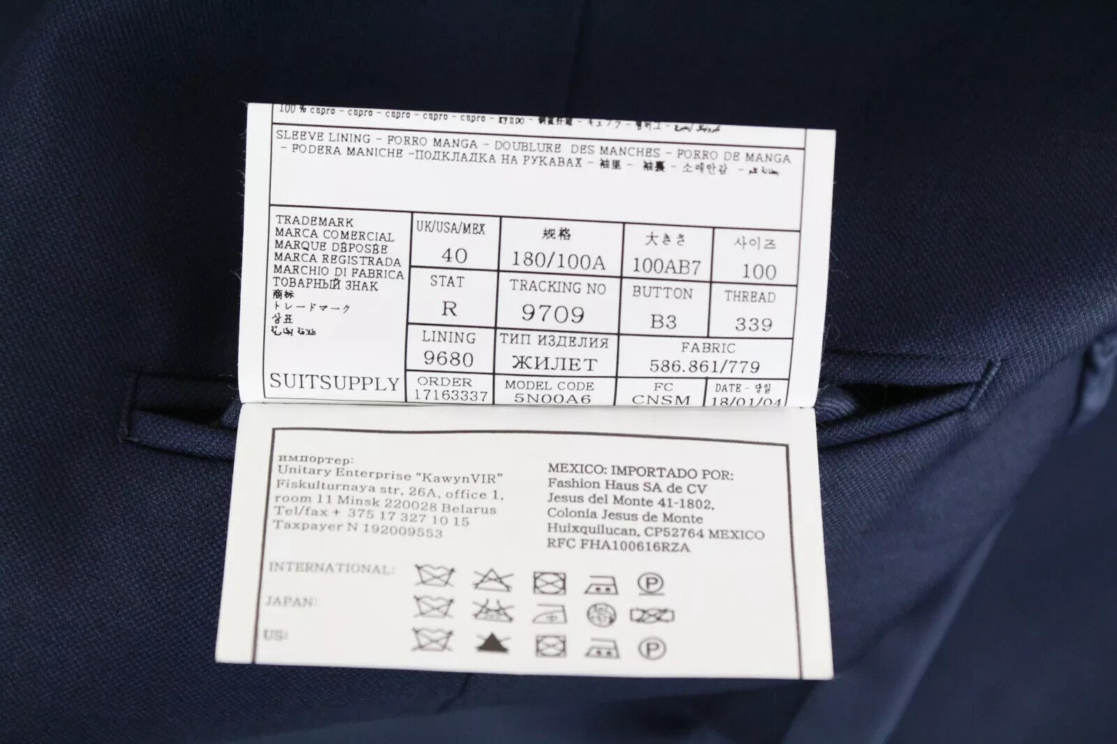 SUITSUPPLY Napoli Men Suit UK40L Super 110's Navy Wool Blazer & Waistcoat