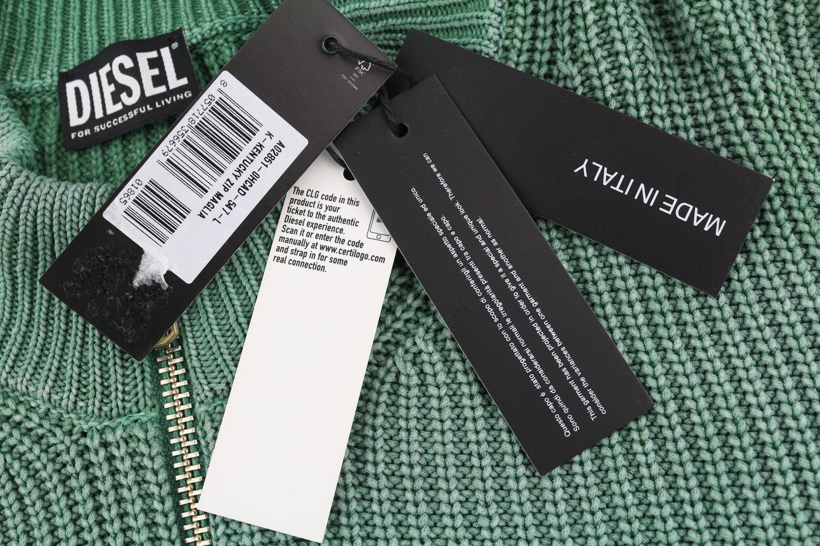 DIESEL K-Kentucky Zip Men Jumper L Washed Effect Crew Neck Knitted Green RRP€250