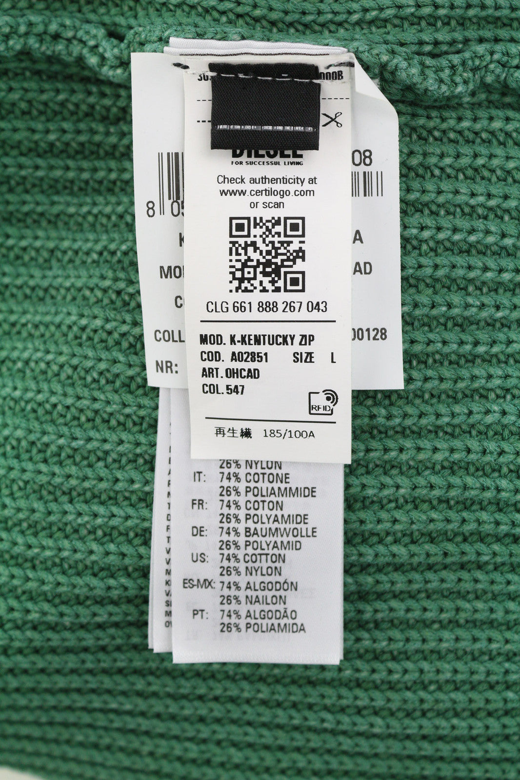 DIESEL K-Kentucky Zip Men Jumper L Washed Effect Crew Neck Knitted Green RRP€250