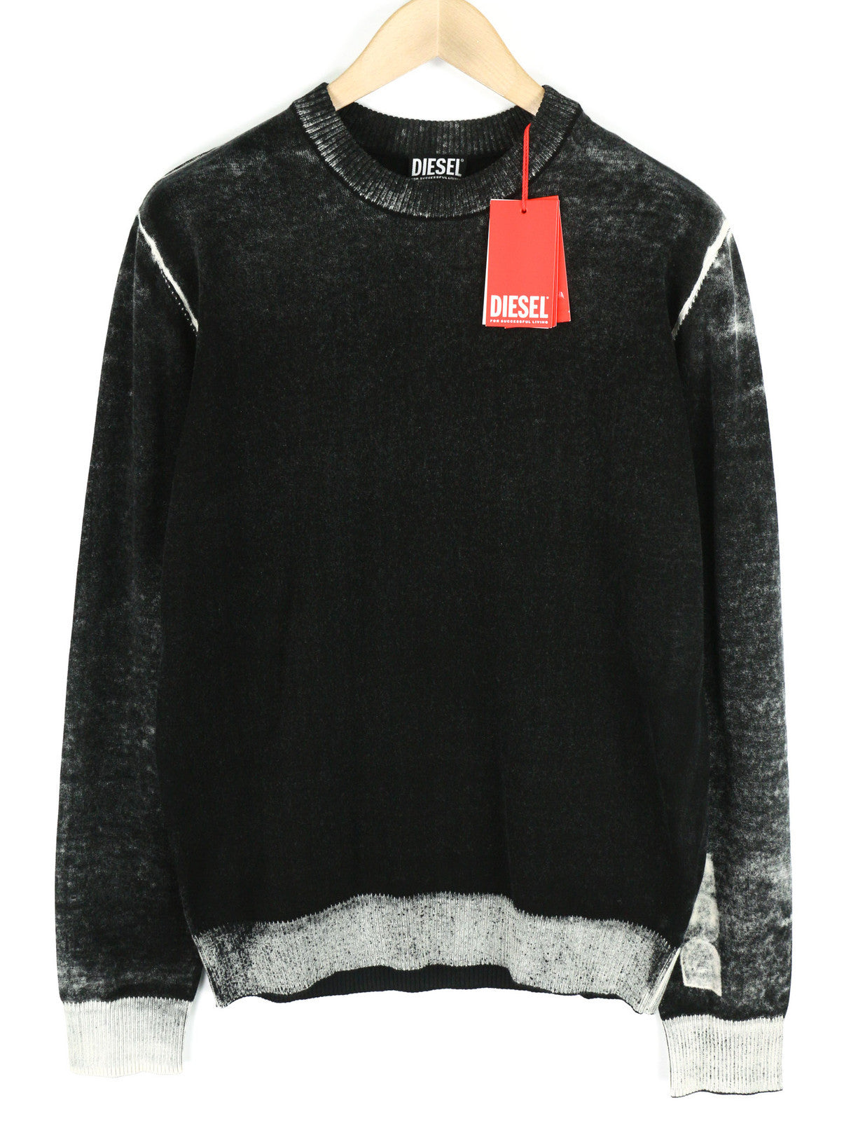 DIESEL K-Larence Men Jumper L Black Washed Effect Crew Neck Cotton Knitt RRP225