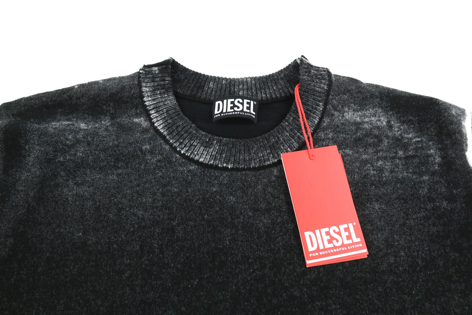 DIESEL K-Larence Men Jumper L Black Washed Effect Crew Neck Cotton Knitt RRP225