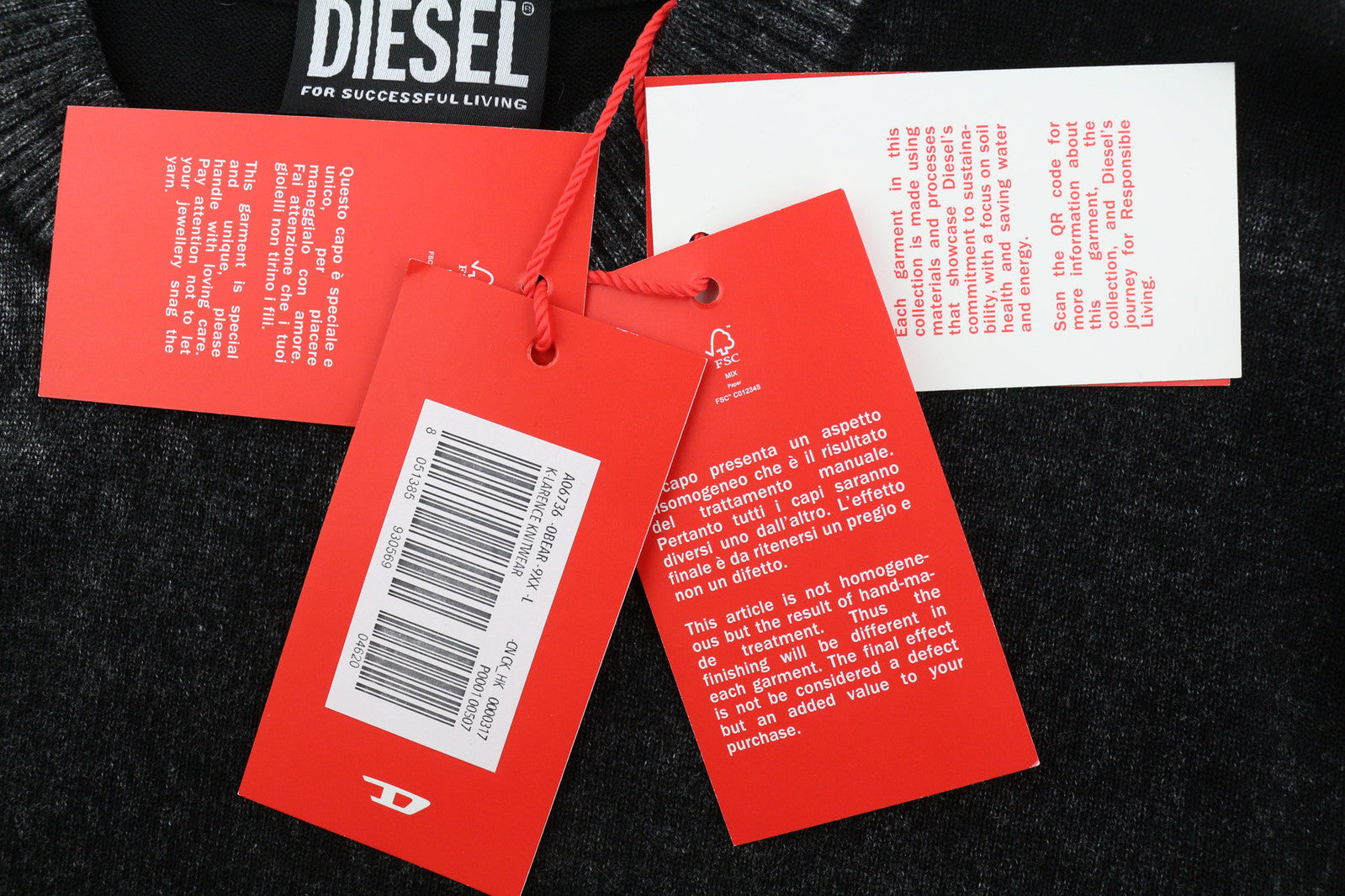 DIESEL K-Larence Men Jumper L Black Washed Effect Crew Neck Cotton Knitt RRP225