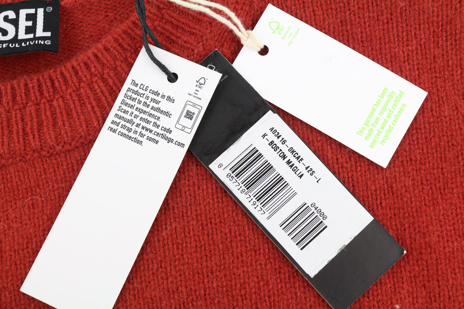 DIESEL K-Boston Men Jumper L Red Pullover Wool Cashmere Knitted RRP€250