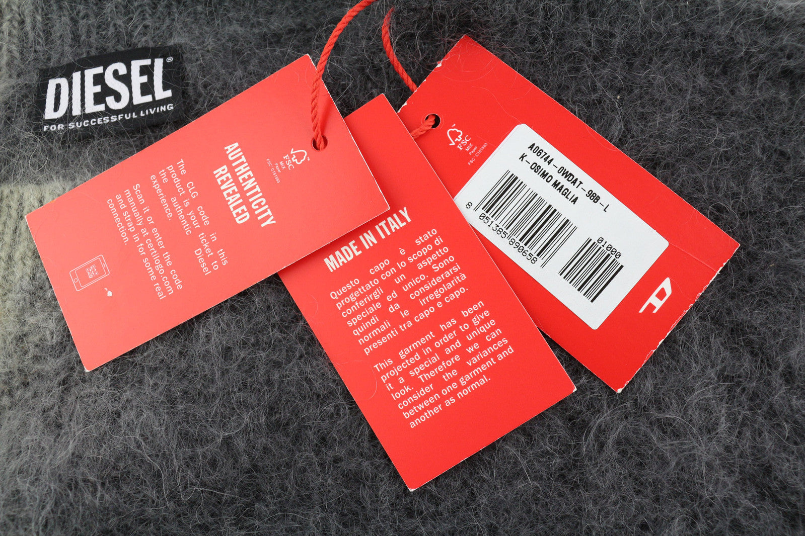 DIESEL K-Osimo Men Jumper L Pullover Mohair Wool Blend Knitted RRP€350 Grey