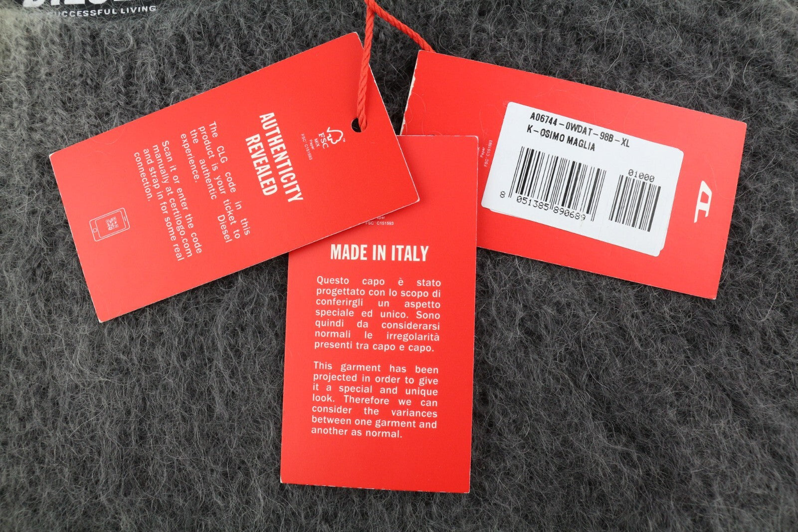 DIESEL K-Osimo Men Jumper XL Pullover Mohair Wool Blend Knitted RRP€350 Grey