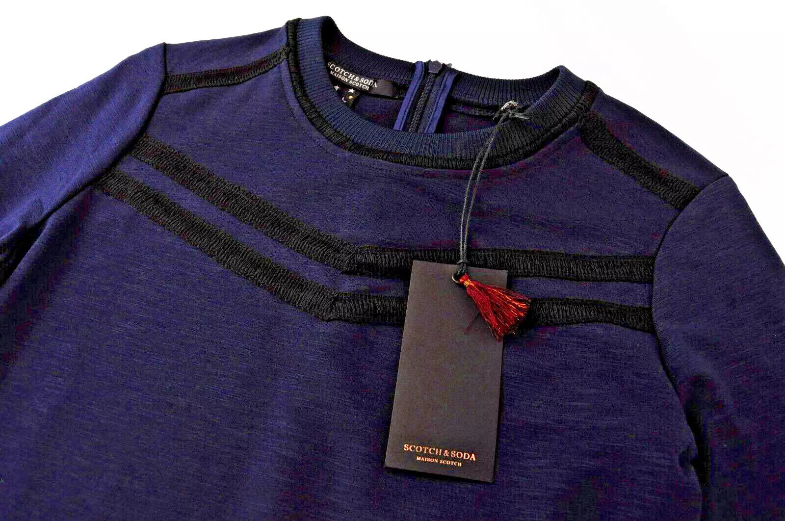 MAISON SCOTCH Women Dress S Navy Cotton Blend Stretch Long Sleeved Knee-Length