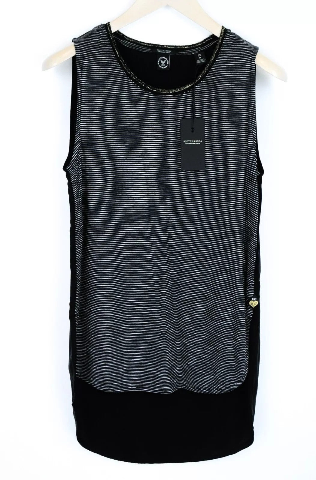 SCOTCH & SODA Ams Blauw Women T-Shirt M Black Striped Long Sleeveless Round Neck